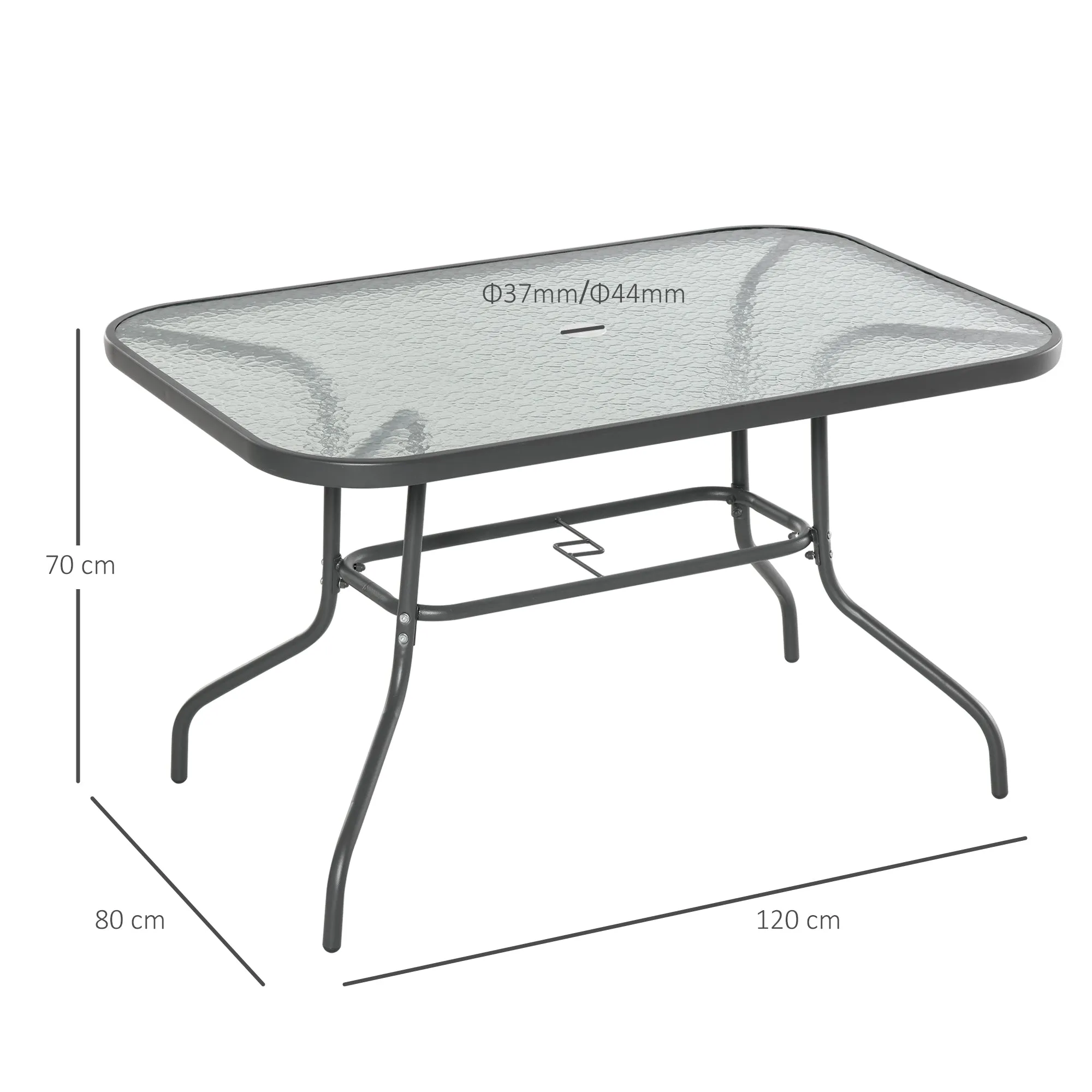 Garden Table with Umbrella Hole, Outdoor Furniture in Metal and Glass 120x80x70cm Grey - Image 3