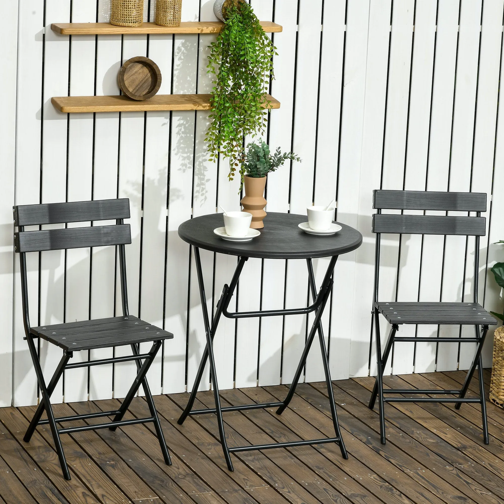 SMOKY GREY | 3 Piece Garden Set with 2 Folding Chairs and Table in Steel and HDPE, Dark Grey - Image 2