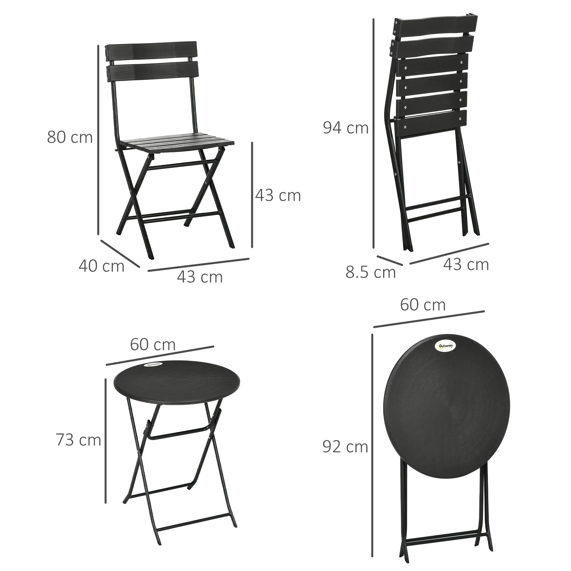 SMOKY GREY | 3 Piece Garden Set with 2 Folding Chairs and Table in Steel and HDPE, Dark Grey - Image 3