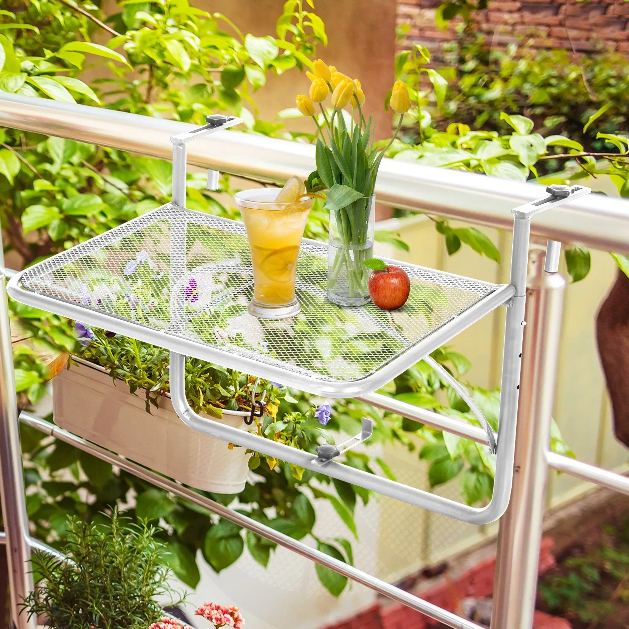 3-Tier Adjustable Height Railing Table with Hooks, Metal, 60x56.5x45 cm, White - Image 2