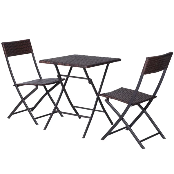 3-Piece Folding Garden Set, PE Rattan and Metal, 2 Chairs and Coffee Table, UV Protection, Balcony Furniture Set, for Patio and Backyard, Brown