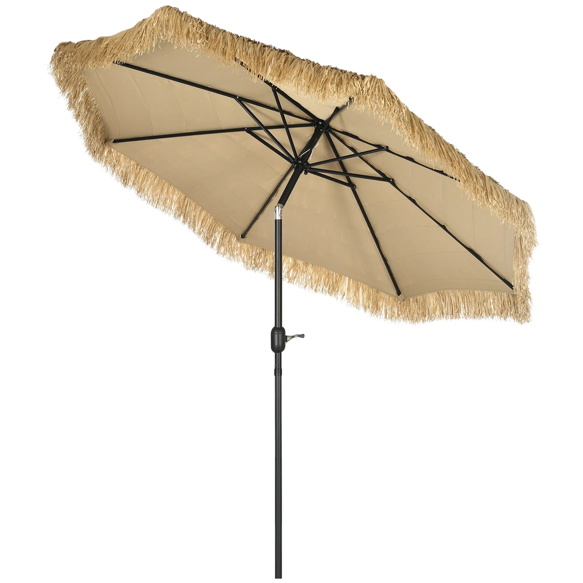 Round Garden Umbrella with Straw Cover and Crank, Ø265x250cm, Khaki
