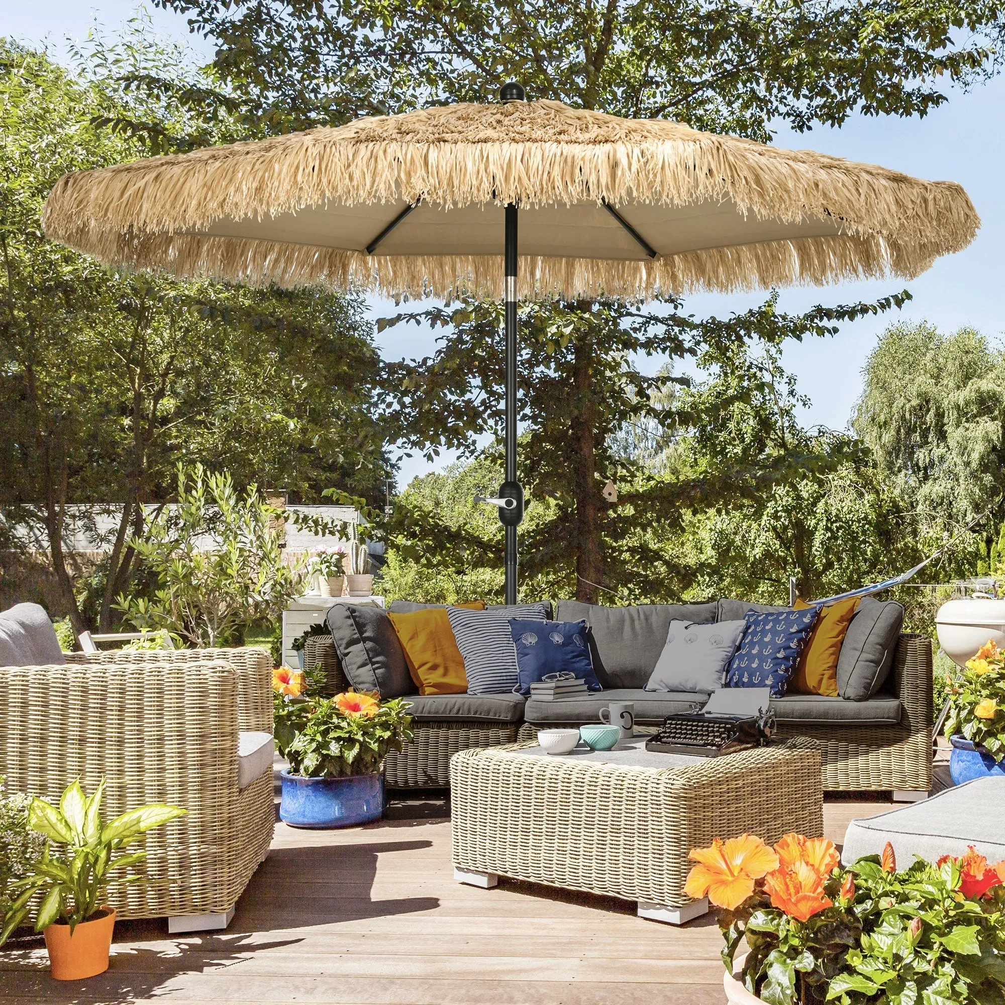 Round Garden Umbrella with Straw Cover and Crank, Ø265x250cm, Khaki - Image 2