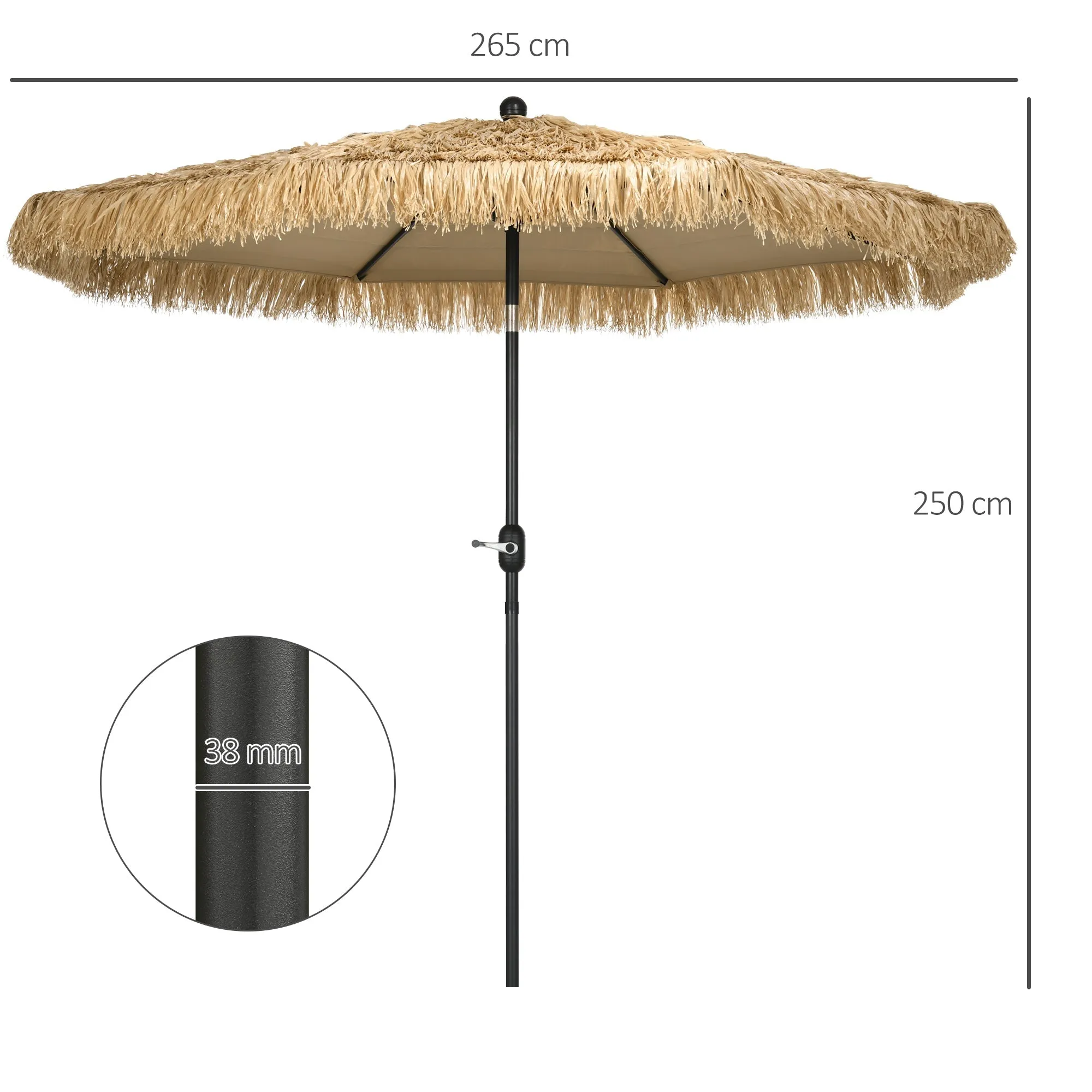 Round Garden Umbrella with Straw Cover and Crank, Ø265x250cm, Khaki - Image 3