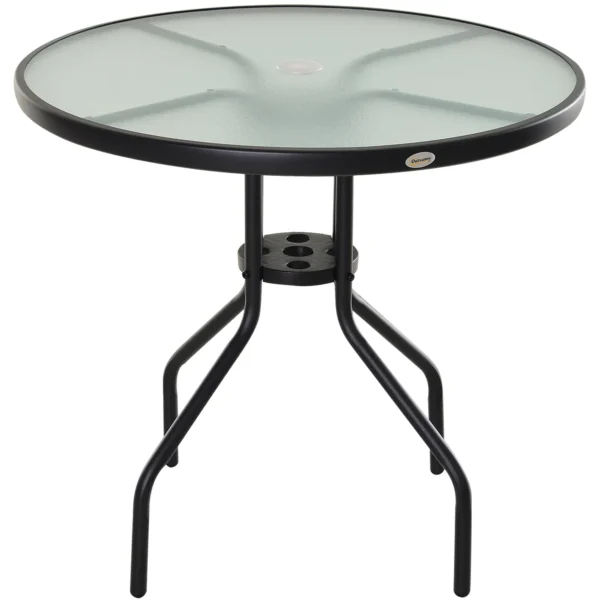 Garden Table with Tempered Glass Top and Steel Umbrella Hole Ф80 x 72 cm Black