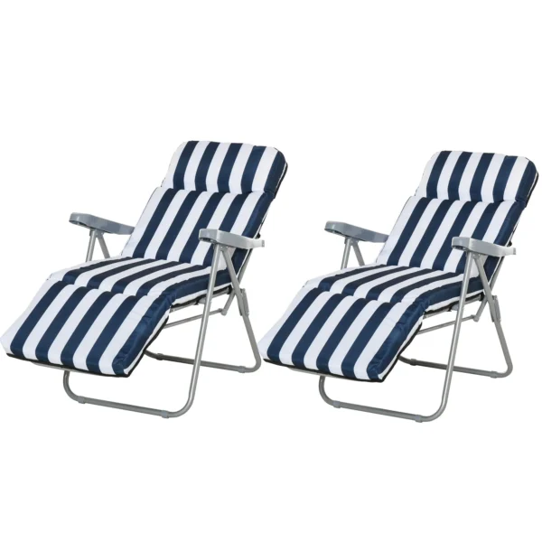 2-Piece Folding and Reclining Outdoor Lounge Chair, Sun Lounger with Padded Cushion, Blue and White