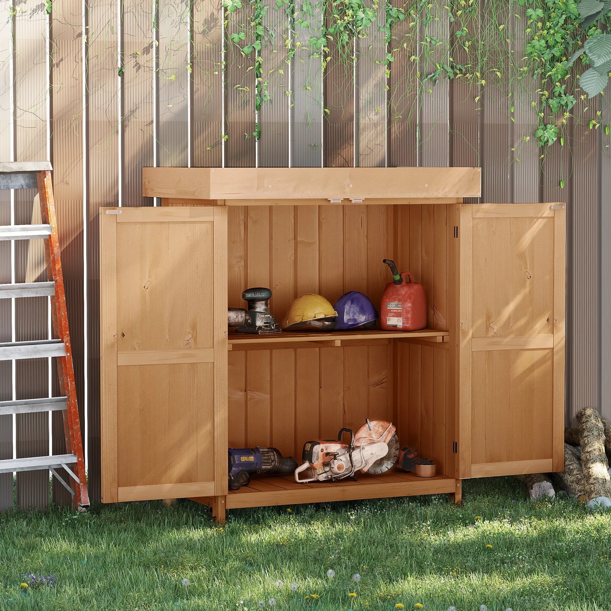 Wooden Garden Shed with 2 Doors, Outdoor Garden Tool Cabinet with Opening Roof, 74x43x88 cm - Image 2