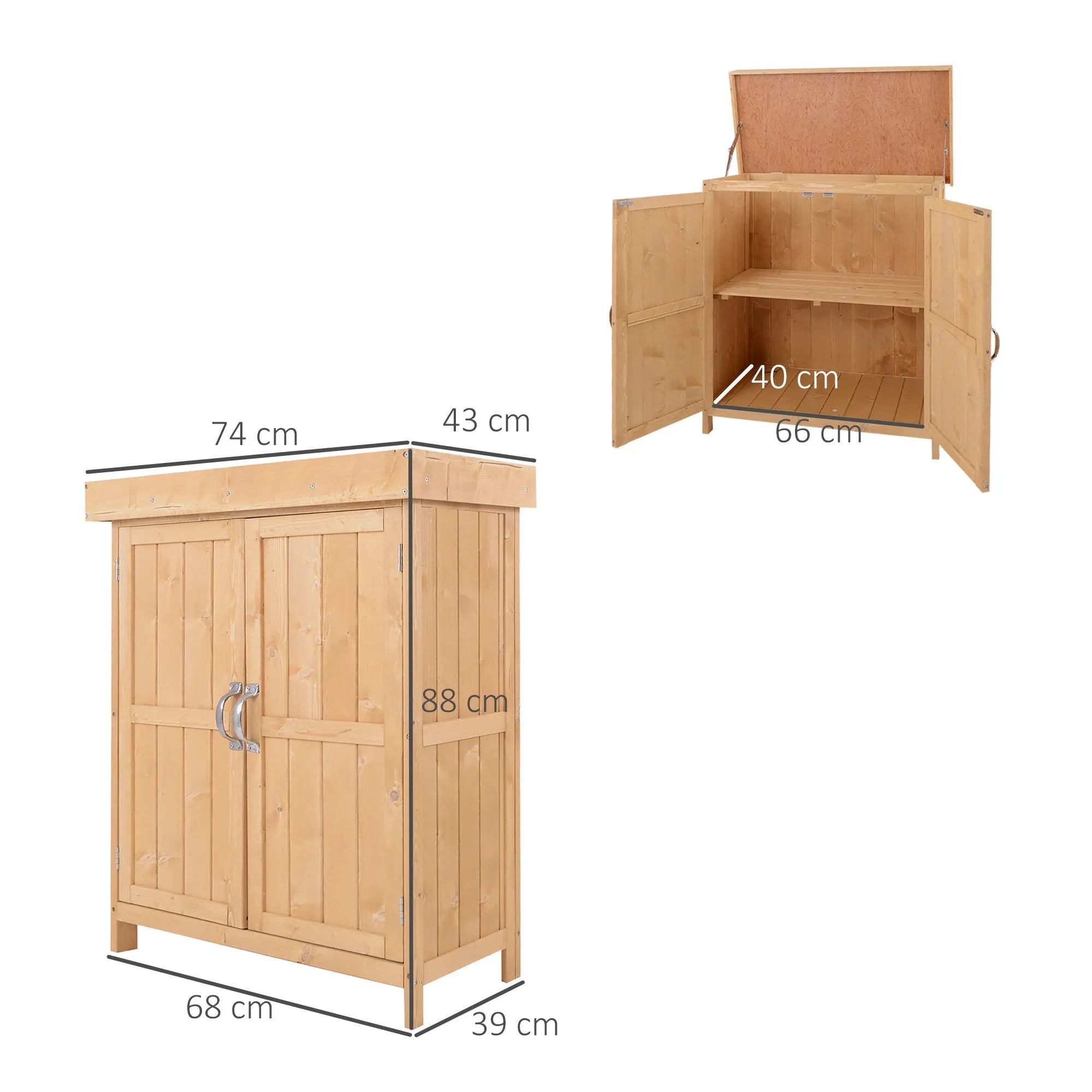 Wooden Garden Shed with 2 Doors, Outdoor Garden Tool Cabinet with Opening Roof, 74x43x88 cm - Image 3