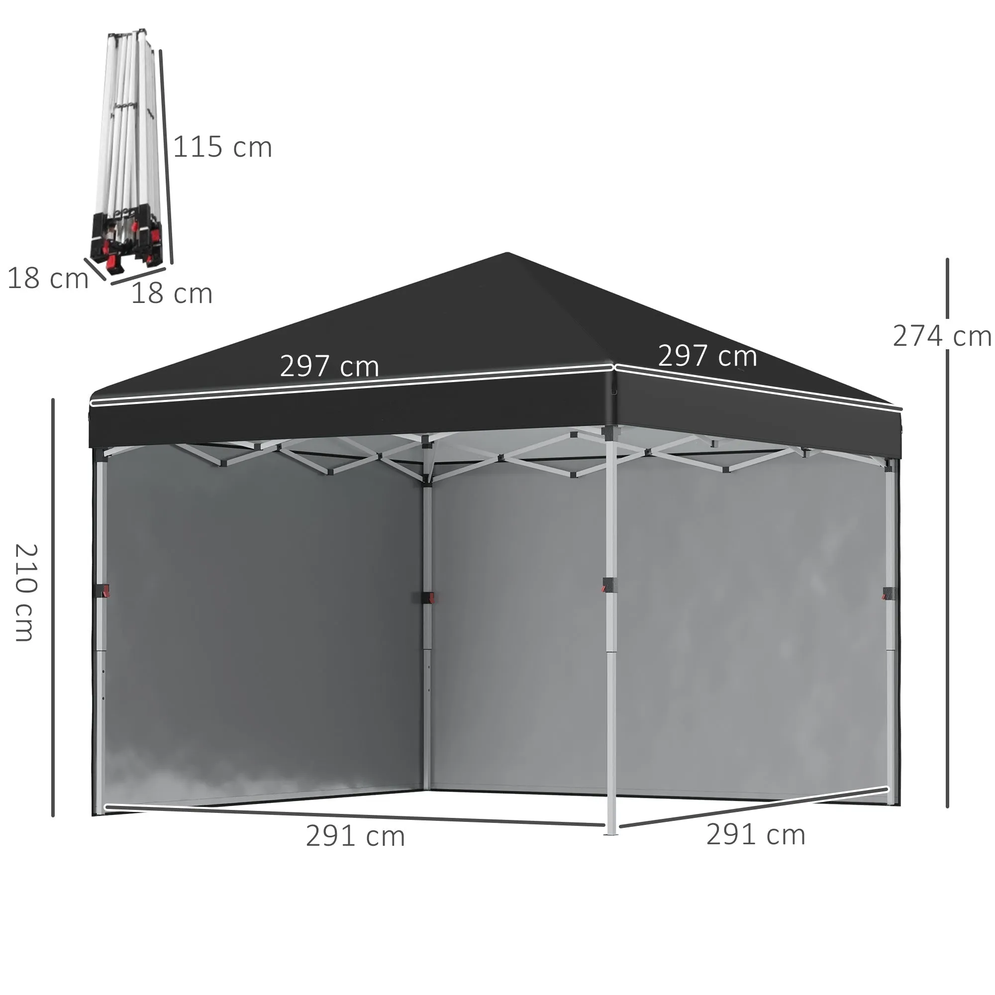 Height-Adjustable Pop Up Foldable Garden Gazebo with 2 Walls and Bag Included, 297x297x274 cm, Black - Image 3