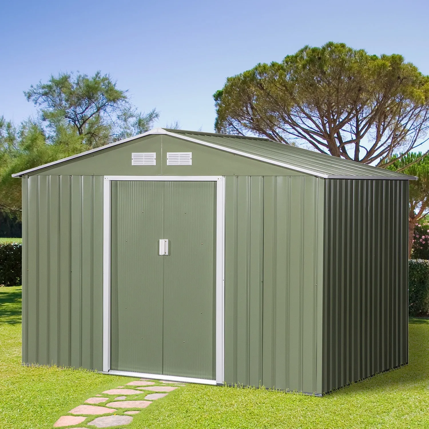 Garden Shed with 2 Sliding Doors and 4 Air Vents in Steel, 277x195x192cm, Light Green - Image 3