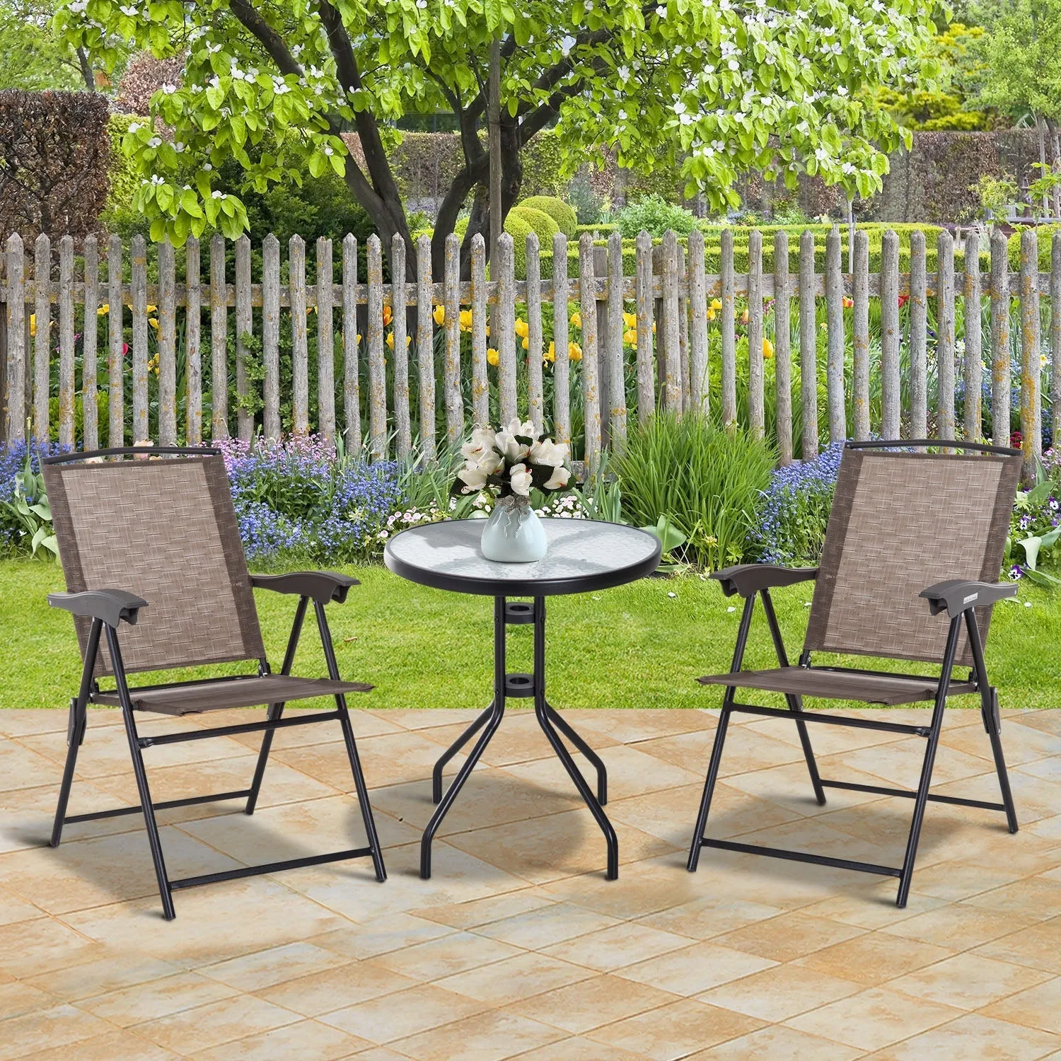 Coffee Table with 2 Chairs Furniture Set 3pcs Folding Adjustable Outdoor Textilene Brown - Image 2
