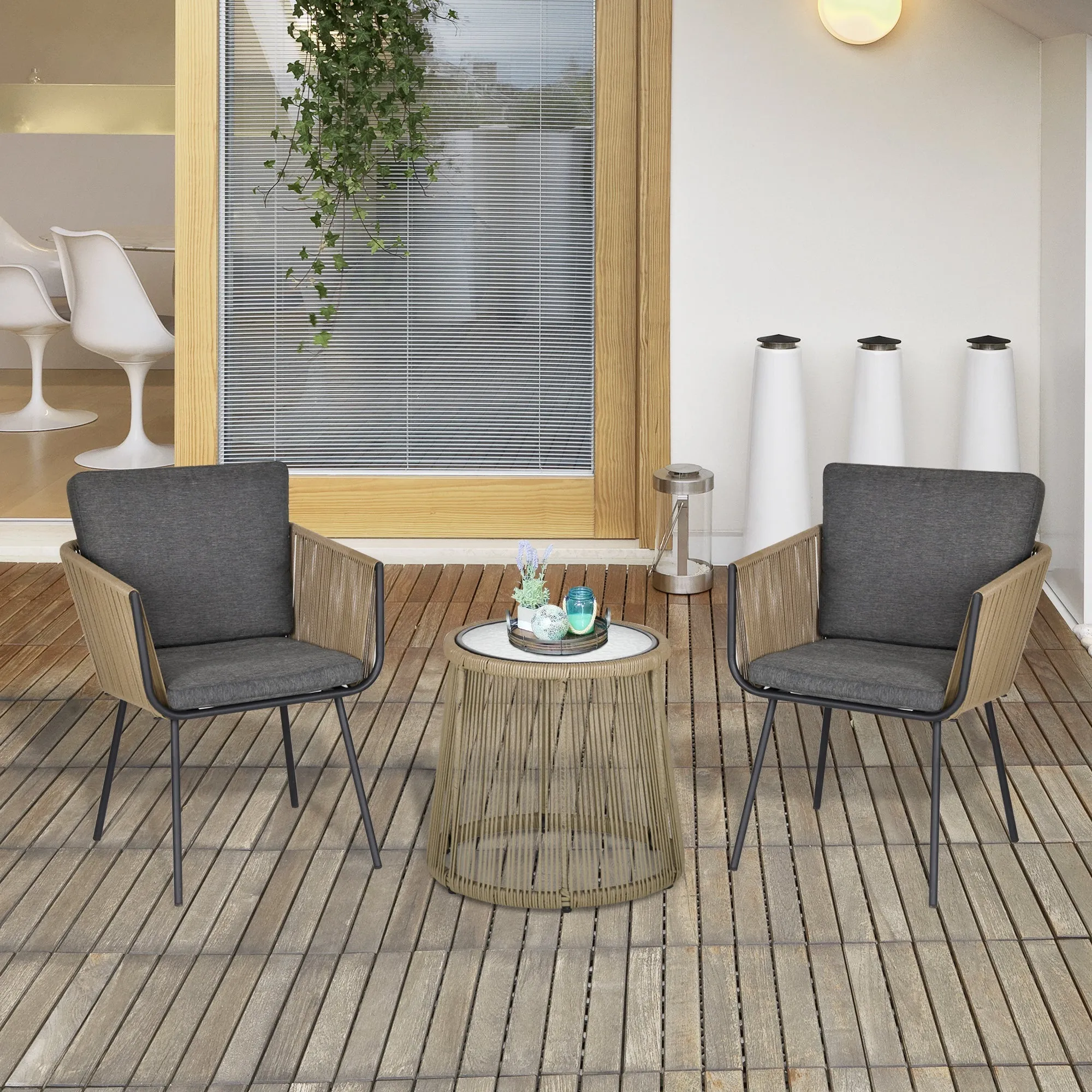 Set of 2 Outdoor Chairs with Table in PE Rattan Boho Style, Khaki and Grey - Image 2