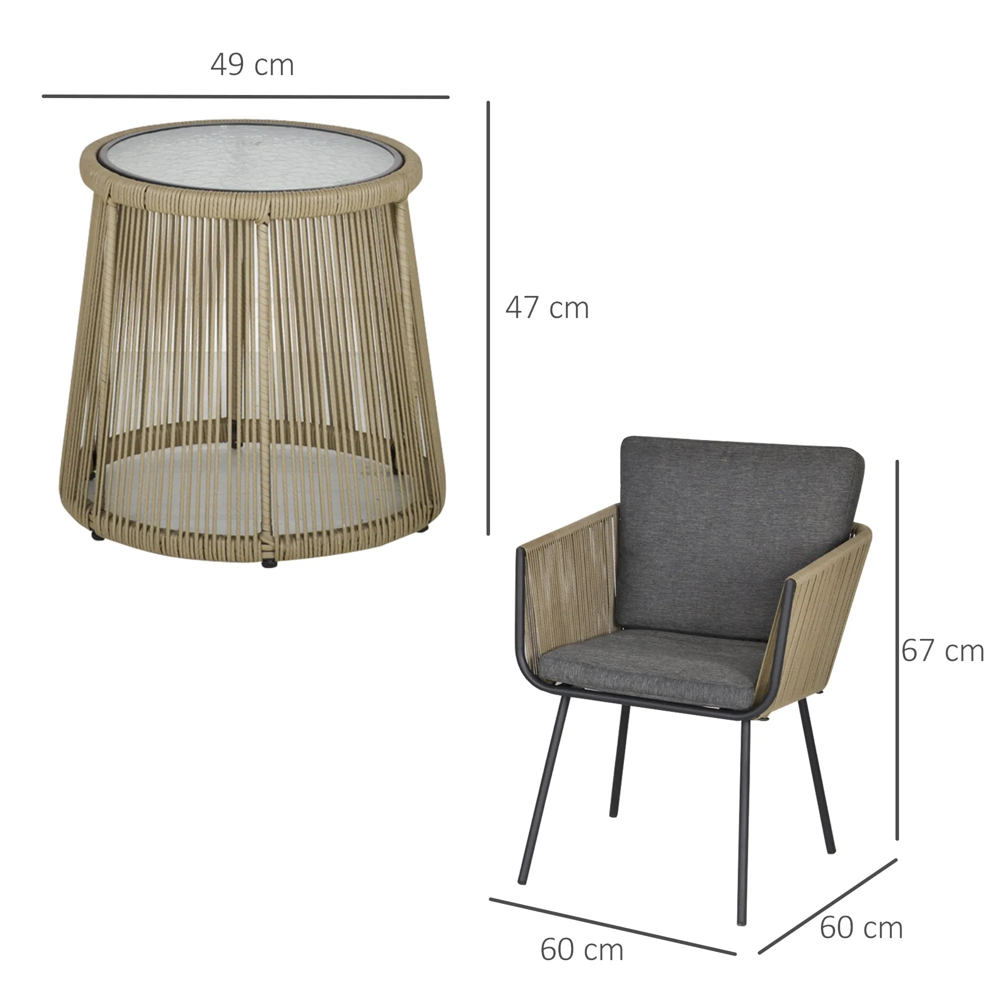 Set of 2 Outdoor Chairs with Table in PE Rattan Boho Style, Khaki and Grey - Image 3