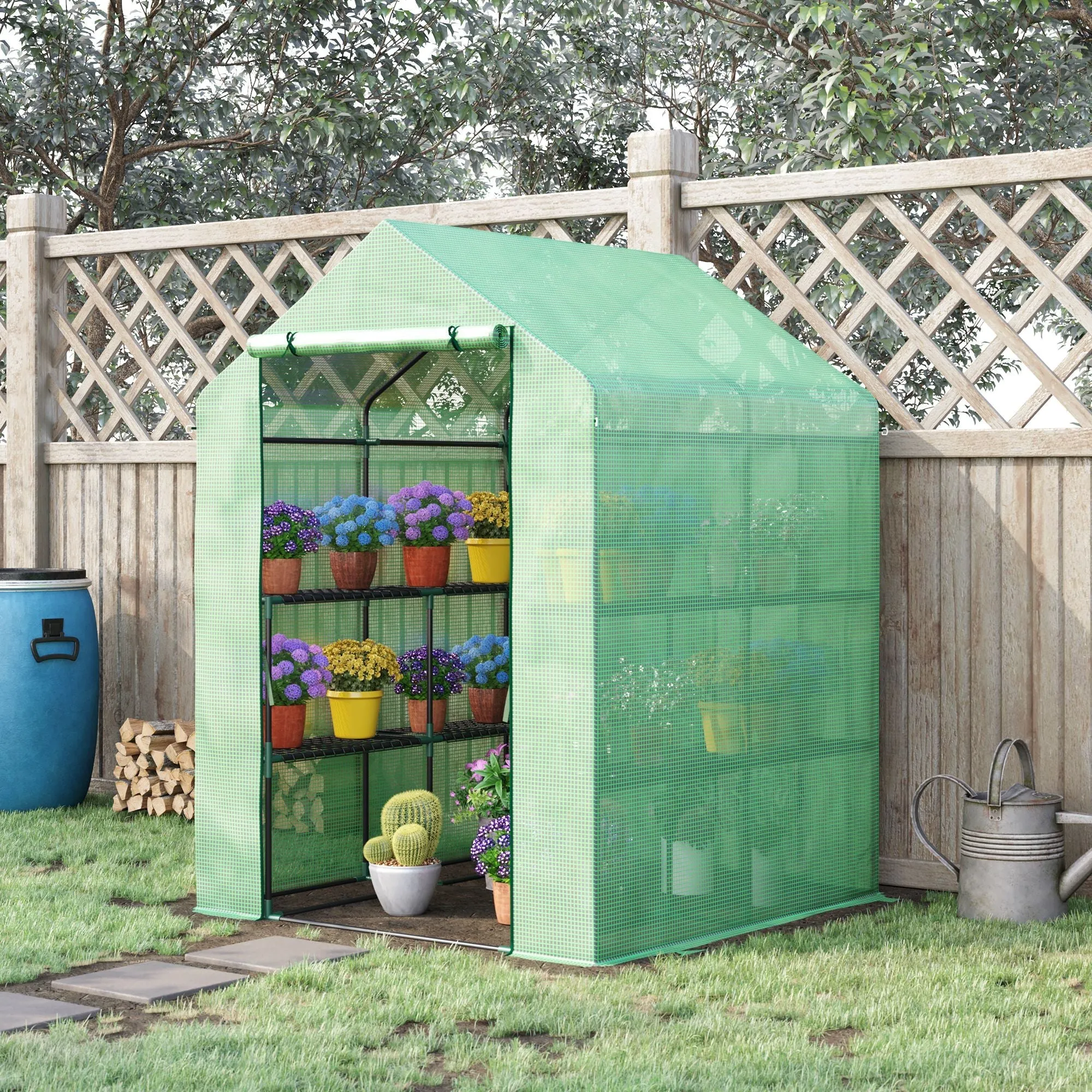 Garden Greenhouse with Shelves, PE Cover and Roll-Up Door, 143x138x190 cm, Green - Image 2