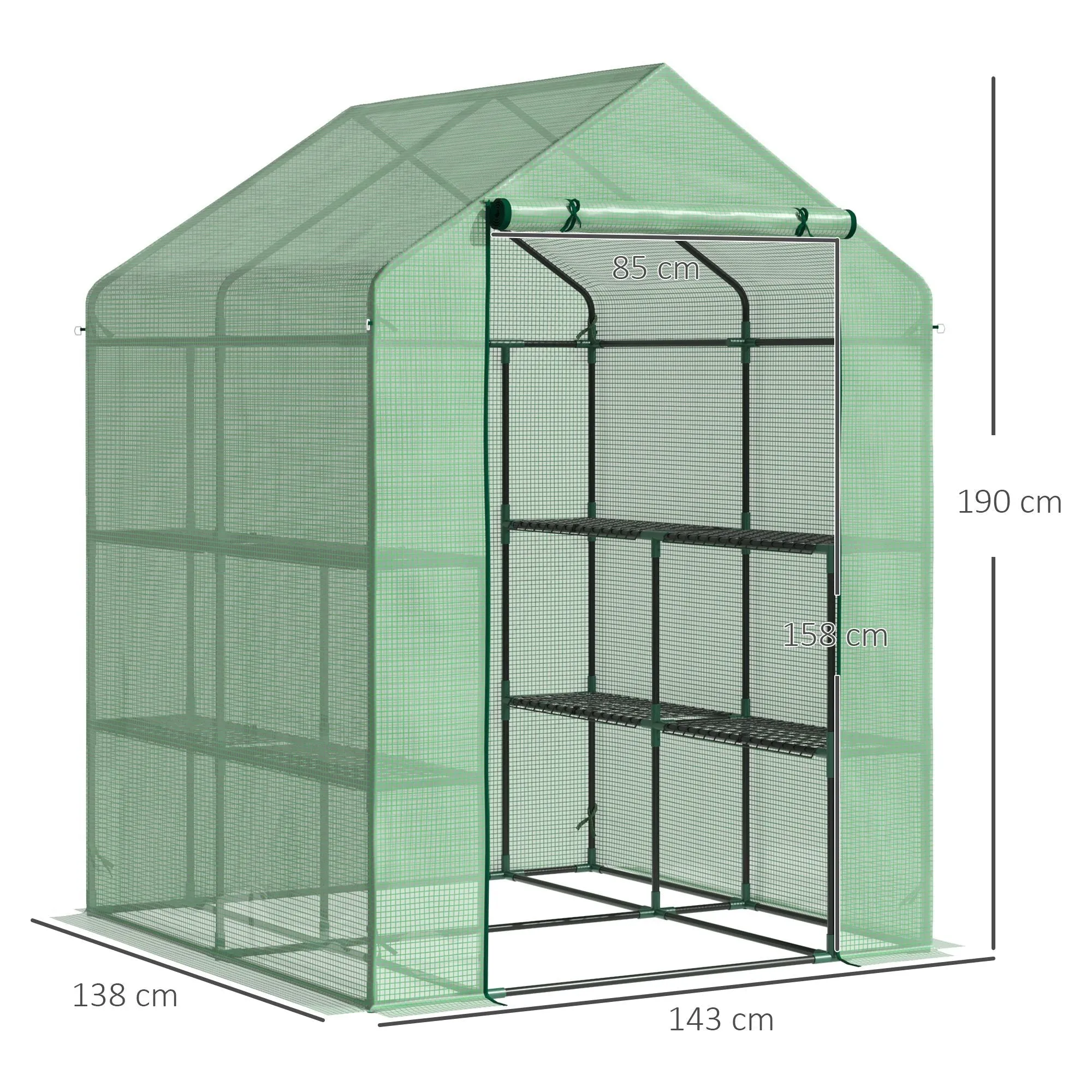 Garden Greenhouse with Shelves, PE Cover and Roll-Up Door, 143x138x190 cm, Green - Image 3