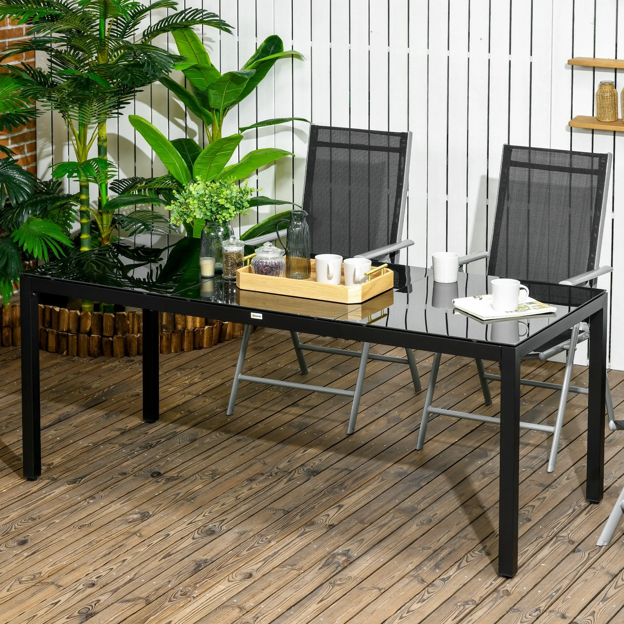 Rectangular Garden Table for 8 People in Aluminum and Glass, 180x80x72cm, Black - Image 2