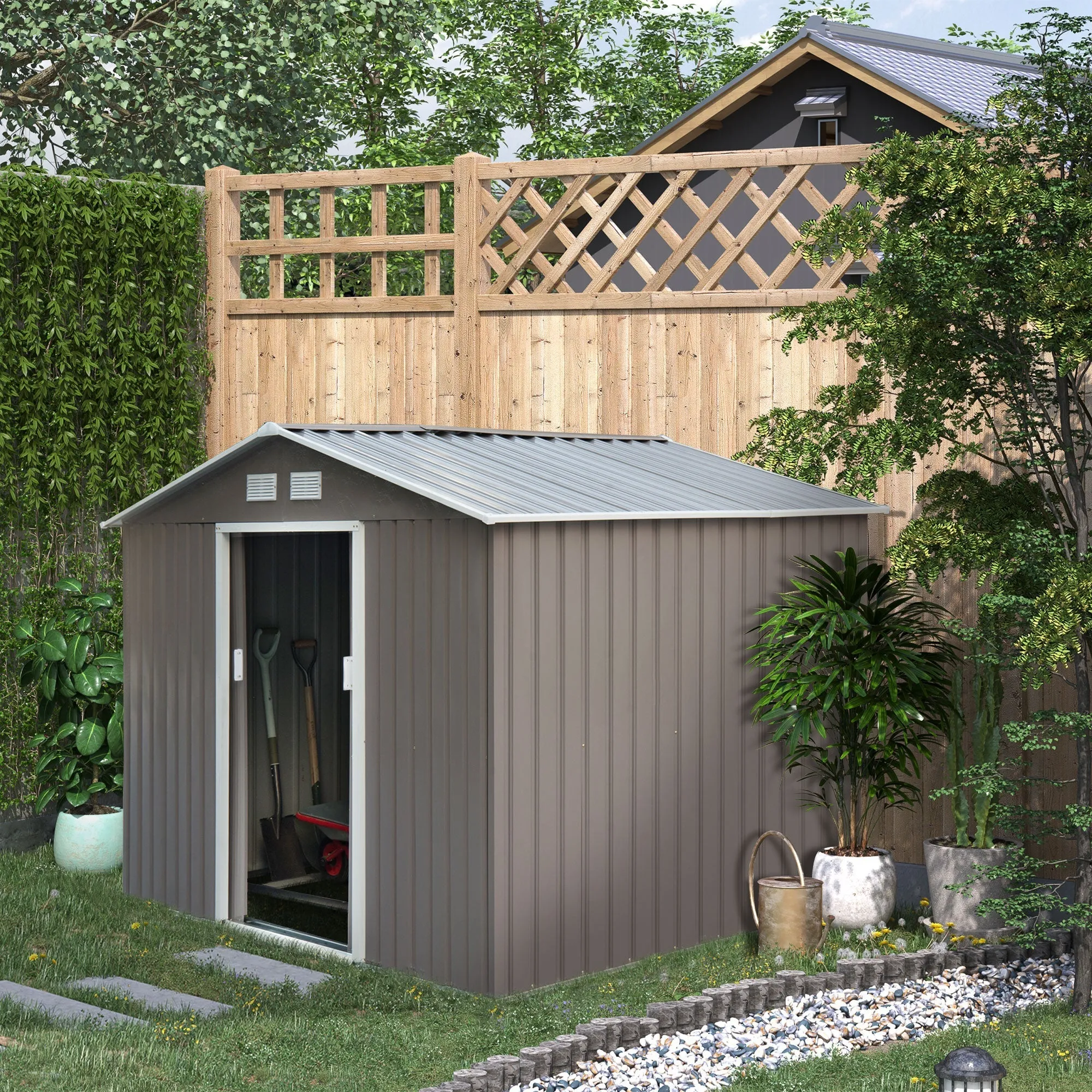 Garden Shed with Double Sliding Doors Steel Sheet, Steel Garden Shed, 277x195x192cm, Grey - Image 2