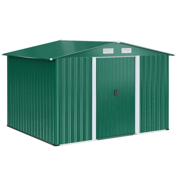 Steel Sheet Garden Tool Shed, Steel Garden Shed with Structure Base and Sliding Doors, 258x206x178cm, Green