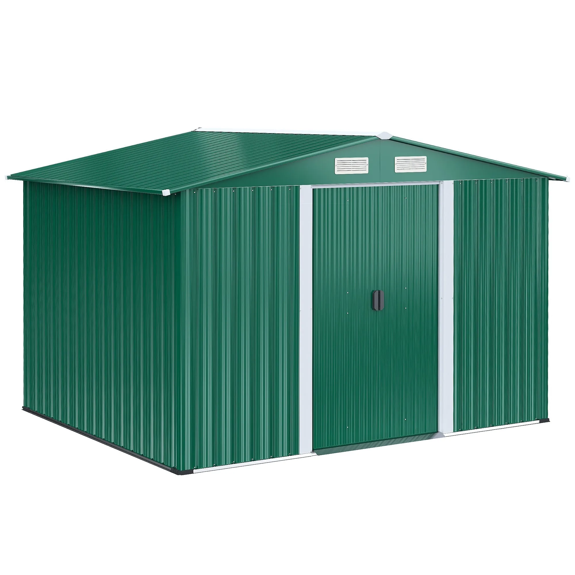 Steel Sheet Garden Tool Shed, Steel Garden Shed with Structure Base and Sliding Doors, 258x206x178cm, Green