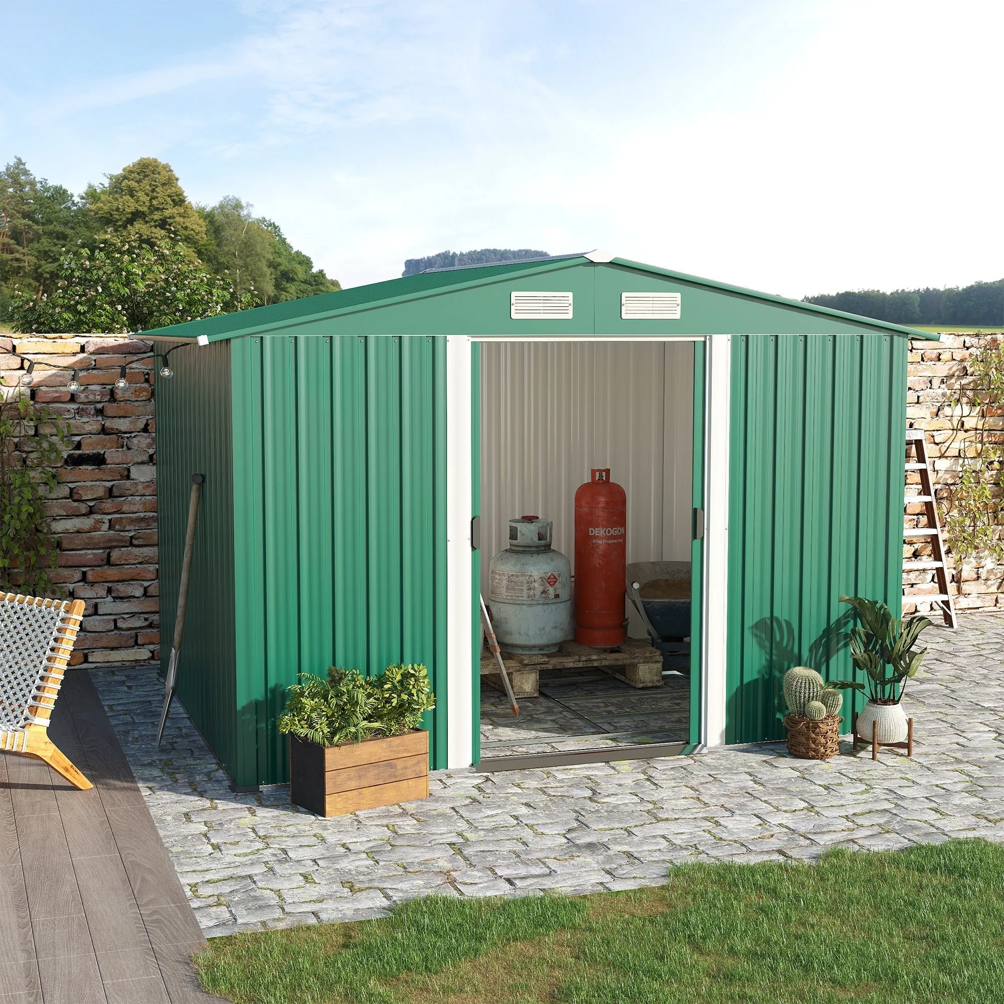 Steel Sheet Garden Tool Shed, Steel Garden Shed with Structure Base and Sliding Doors, 258x206x178cm, Green - Image 2