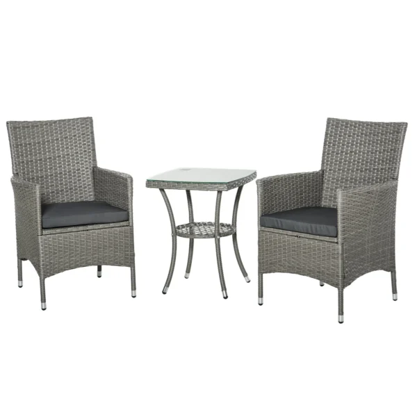 3-Piece Outdoor Garden Set in PE Rattan and Steel, Set of 2 Chairs with Washable Cushions, Armrests, Coffee Table with Glass Top, Garden Lounge for Balcony Patio Backyard, Grey