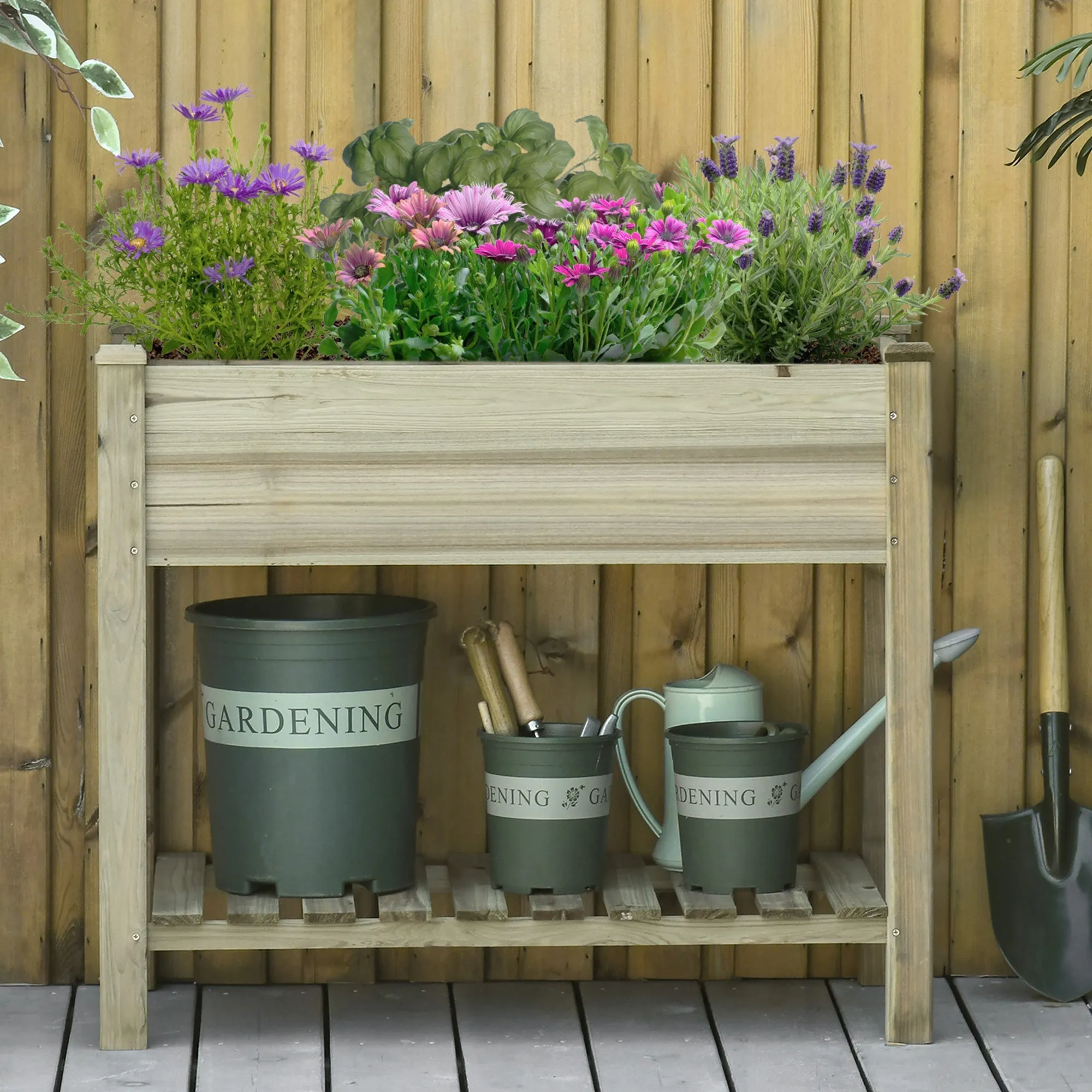 Raised Wooden Planter with Legs and Bottom Shelf for Garden and Balcony 91x51x76cm - Image 2
