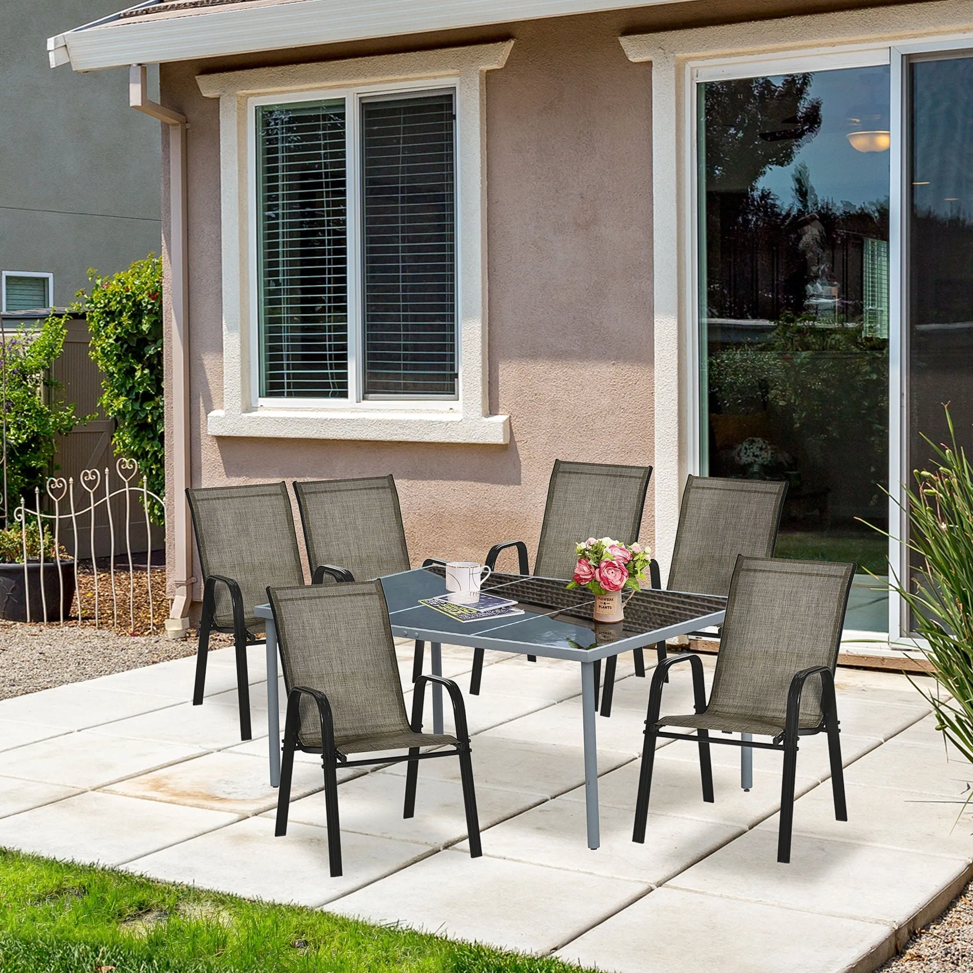 Garden Chairs Set of 4, Stackable Outdoor Chairs in Metal and Breathable Fabric, Brown - Image 3