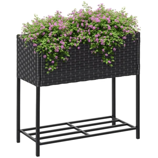 Raised Garden Bed, Wicker-Effect Planter with Shelf, Raised Garden Bed for Indoor and Outdoor Use, Grey (70cm x 30cm x 72cm)