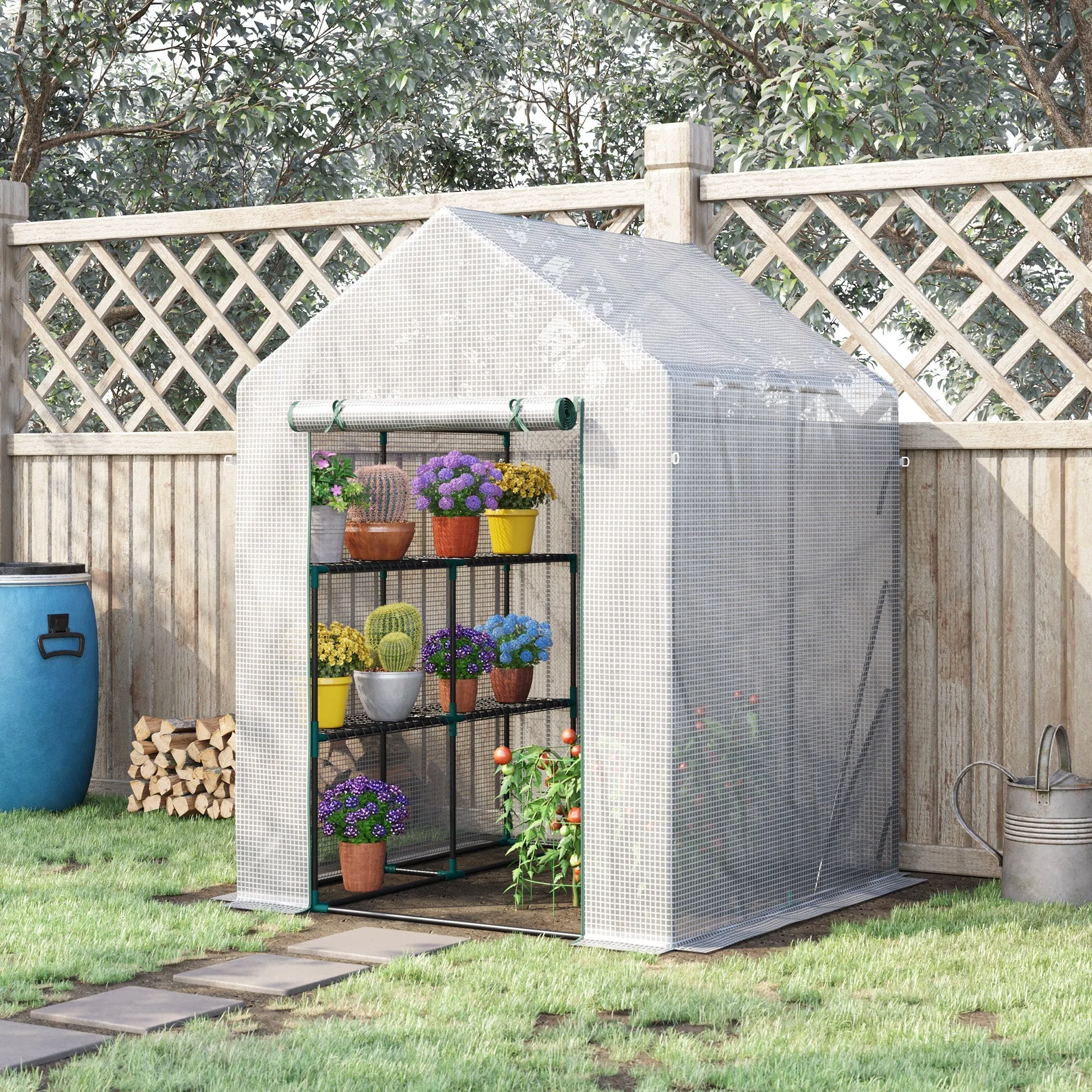 Outdoor Garden Greenhouse in Steel and PE with 2 Shelves and Roller Door, 143x143x195 cm, White - Image 2