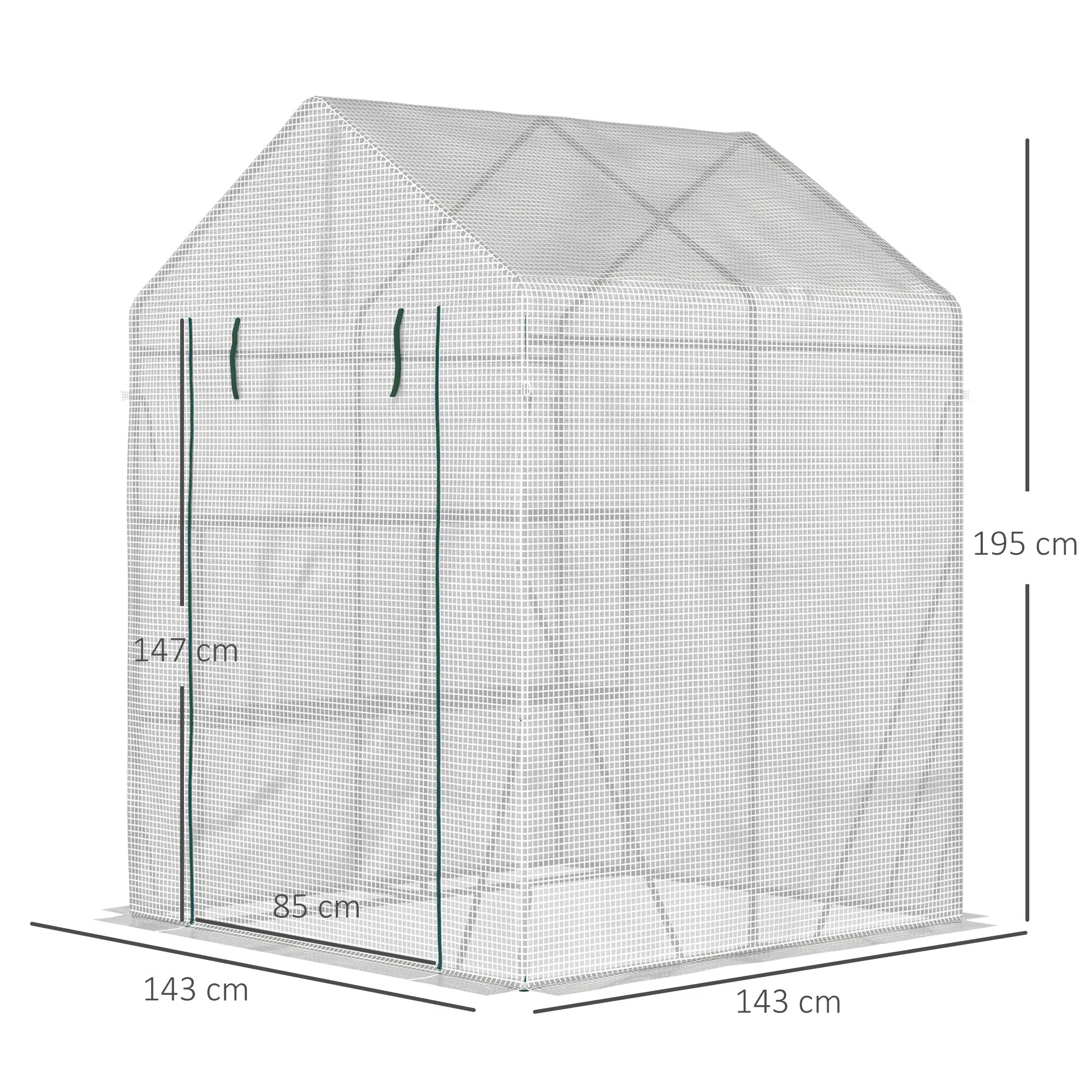 Outdoor Garden Greenhouse in Steel and PE with 2 Shelves and Roller Door, 143x143x195 cm, White - Image 3
