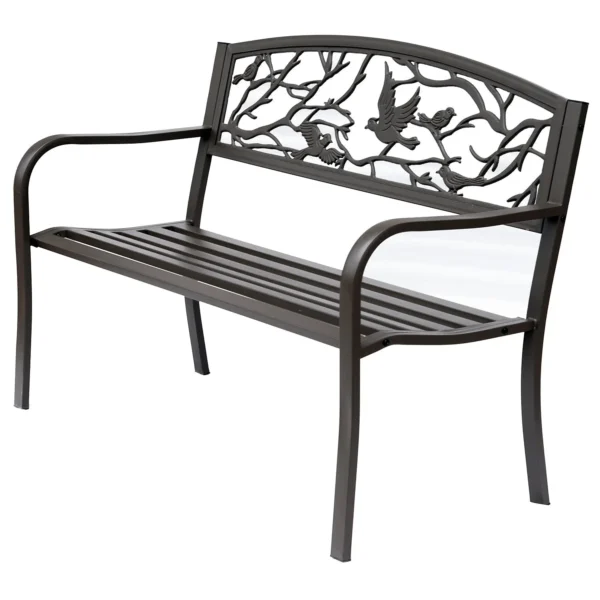 Waterproof Steel and Cast Iron Outdoor Garden Bench, Backrest with Natural Pattern Decorations, 127x60cm, Brown