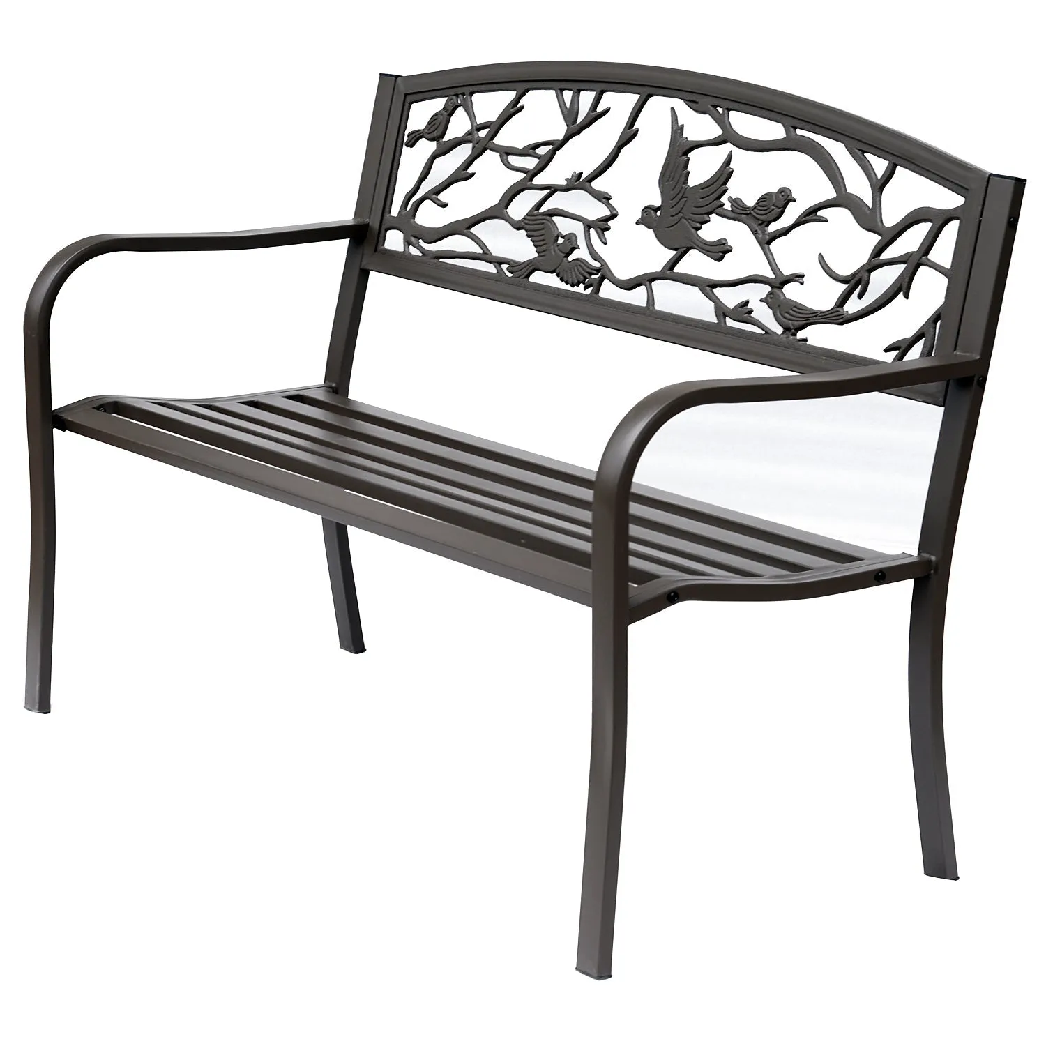 Waterproof Steel and Cast Iron Outdoor Garden Bench, Backrest with Natural Pattern Decorations, 127x60cm, Brown