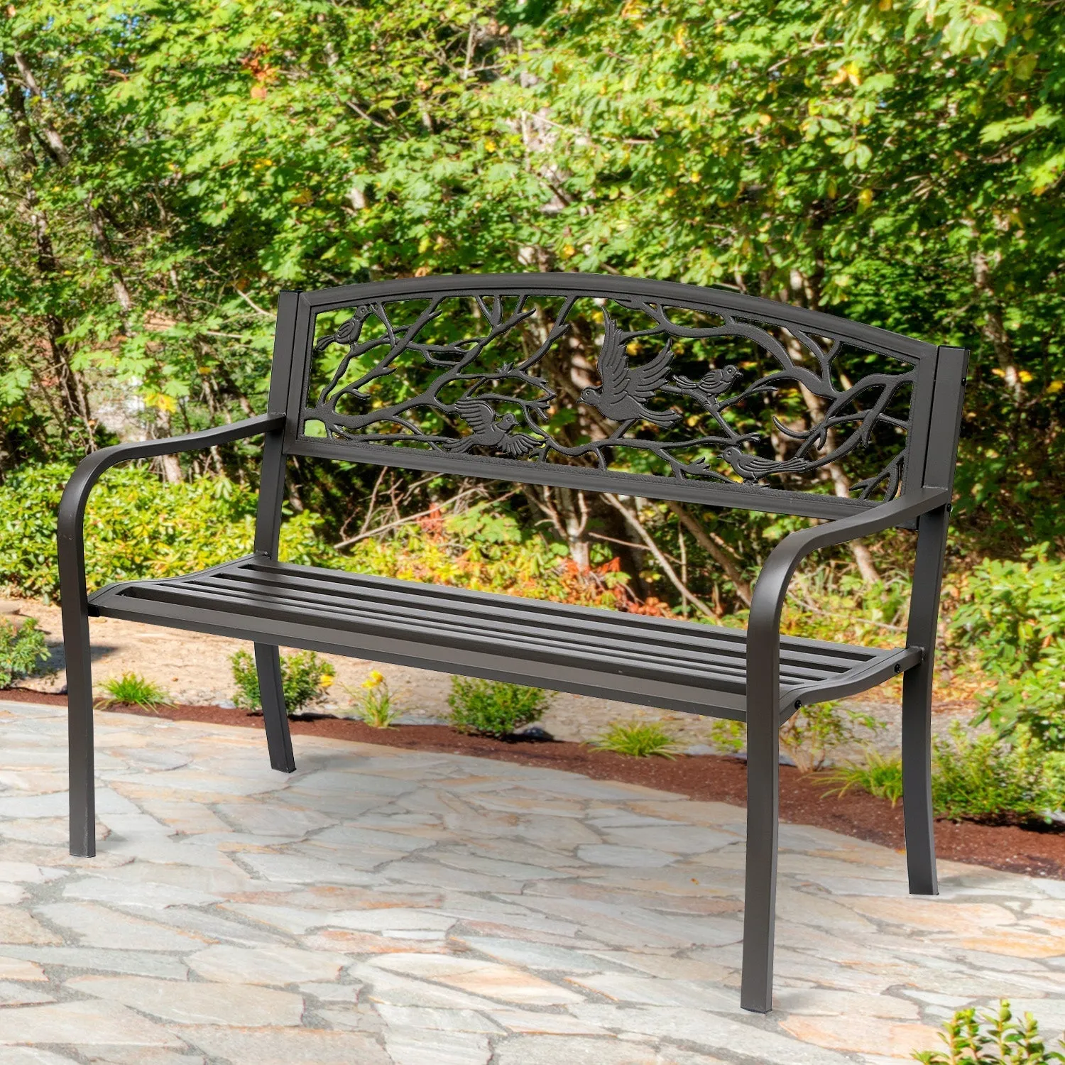 Waterproof Steel and Cast Iron Outdoor Garden Bench, Backrest with Natural Pattern Decorations, 127x60cm, Brown - Image 2