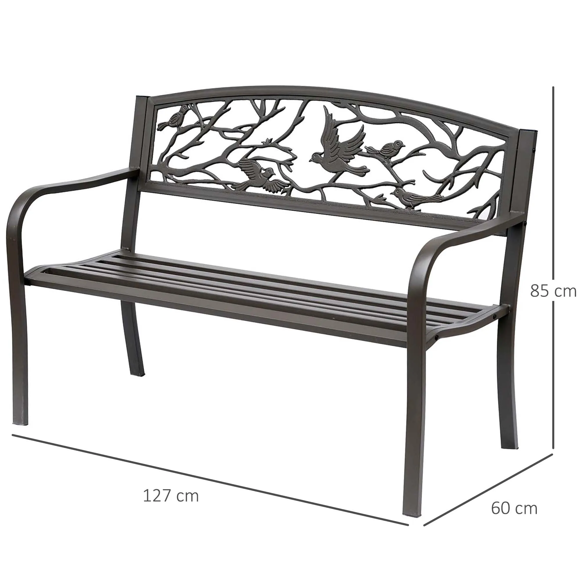 Waterproof Steel and Cast Iron Outdoor Garden Bench, Backrest with Natural Pattern Decorations, 127x60cm, Brown - Image 3