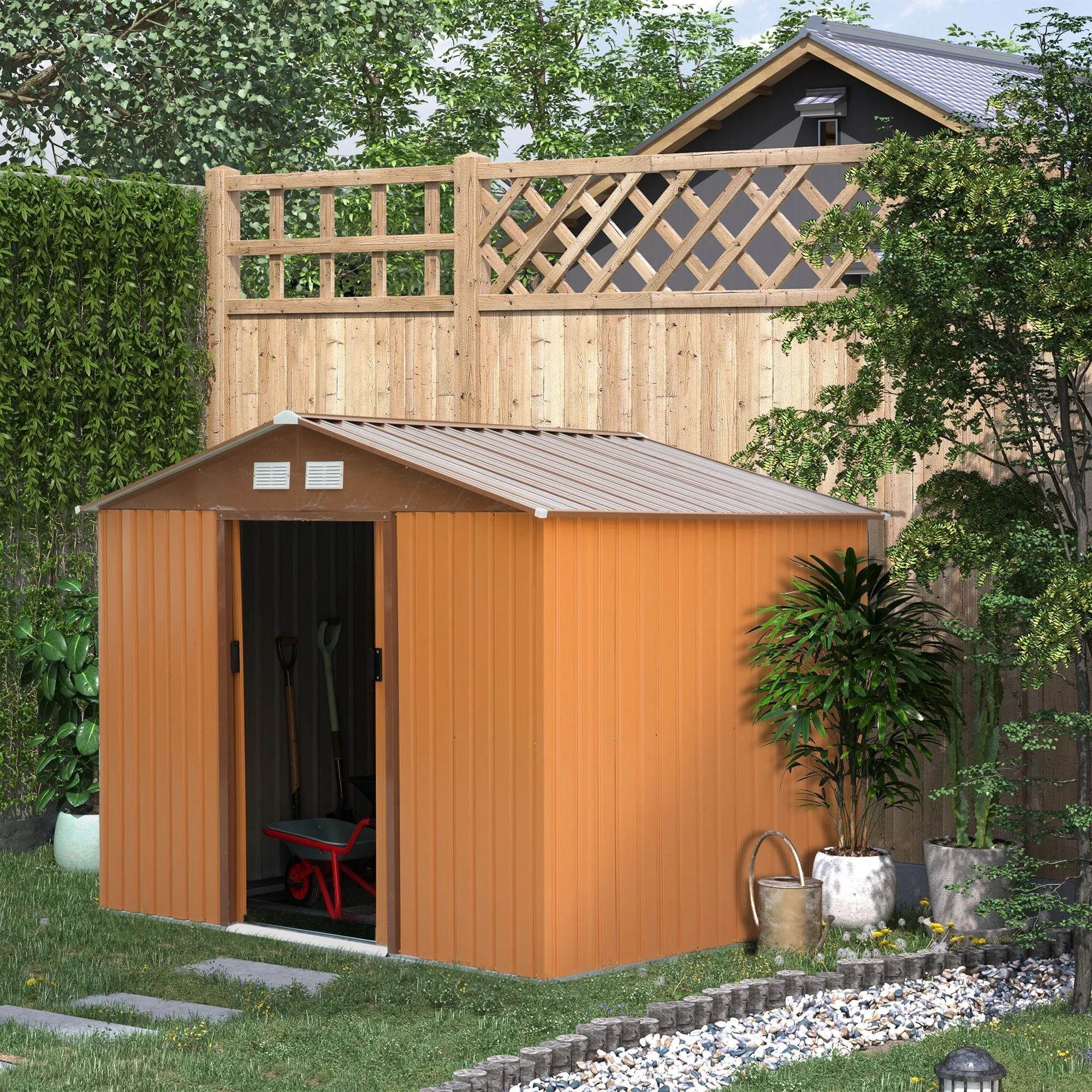 Garden Shed with Base and Double Sliding Doors, Steel Garden Shed, 277x195x192 cm, Yellow - Image 2