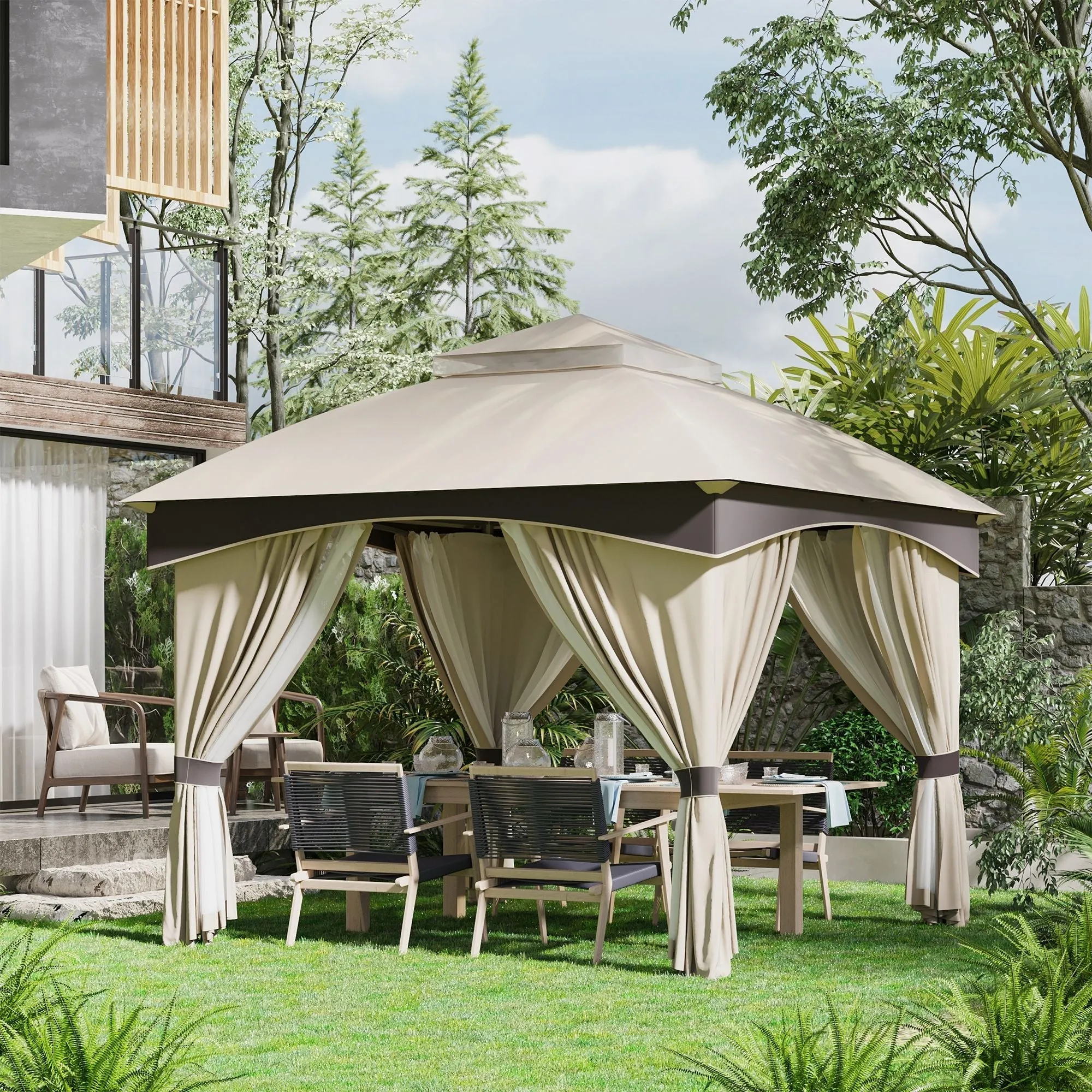 3x3m Steel Garden Gazebo with Double Roof and Curtains, Beige and Grey - Image 3