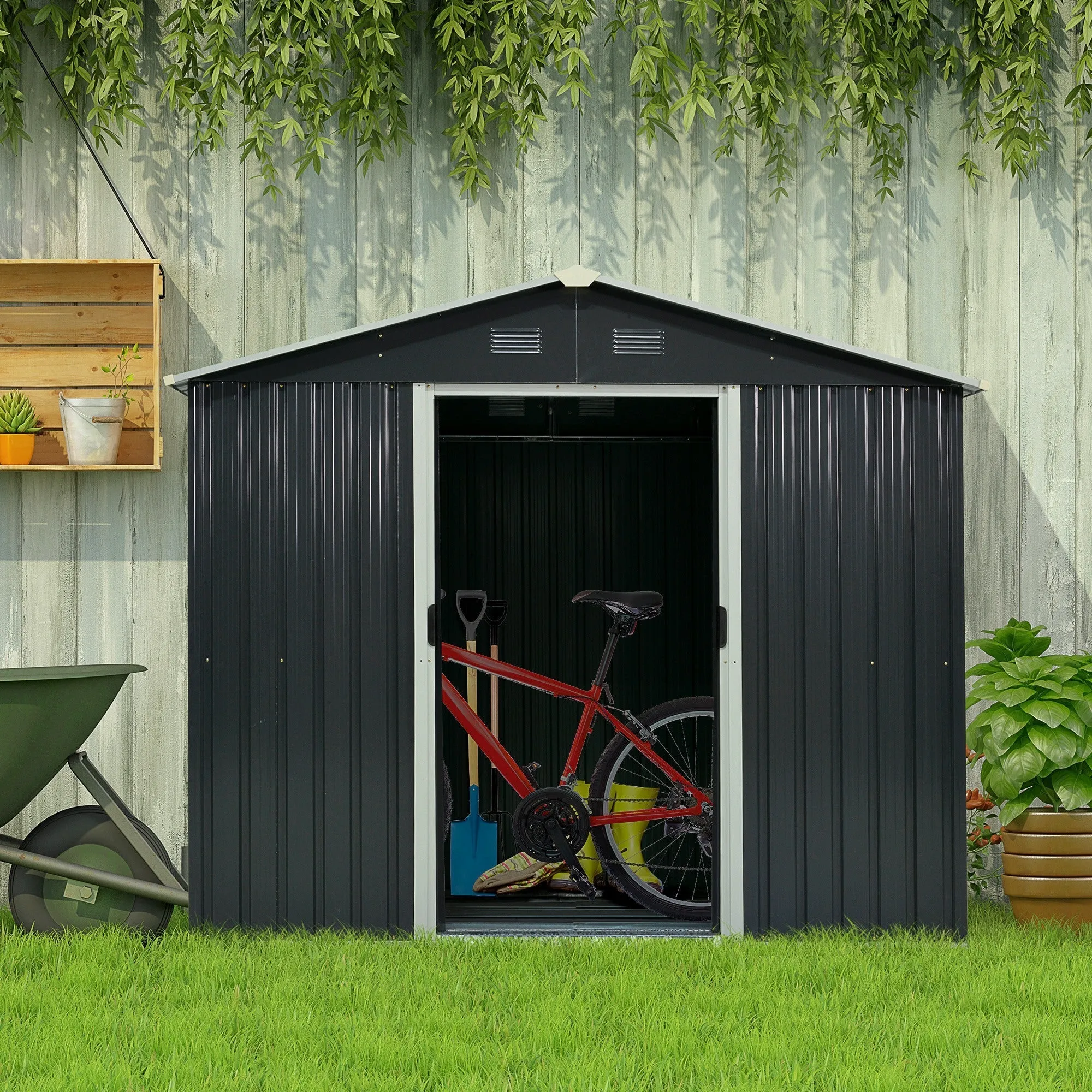Garden Shed 3.6m² Steel Sheet Tool Storage, Outdoor Tool Shed with 2 Sliding Doors and 4 Ventilation Outlets, 236x174x190cm, Dark Grey - Image 2