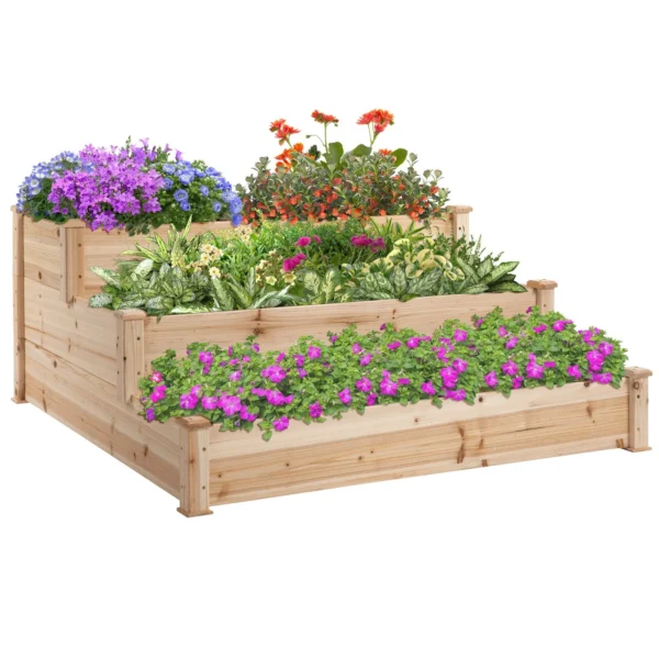 3-Tier Natural Wood Raised Garden Bed, Outdoor Planter, 120x120x56cm