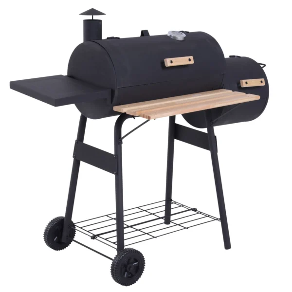 Charcoal Barbecue with Lid and Smoker, Garden BBQ with Shelves and Wheels 124x53x104 cm, Black