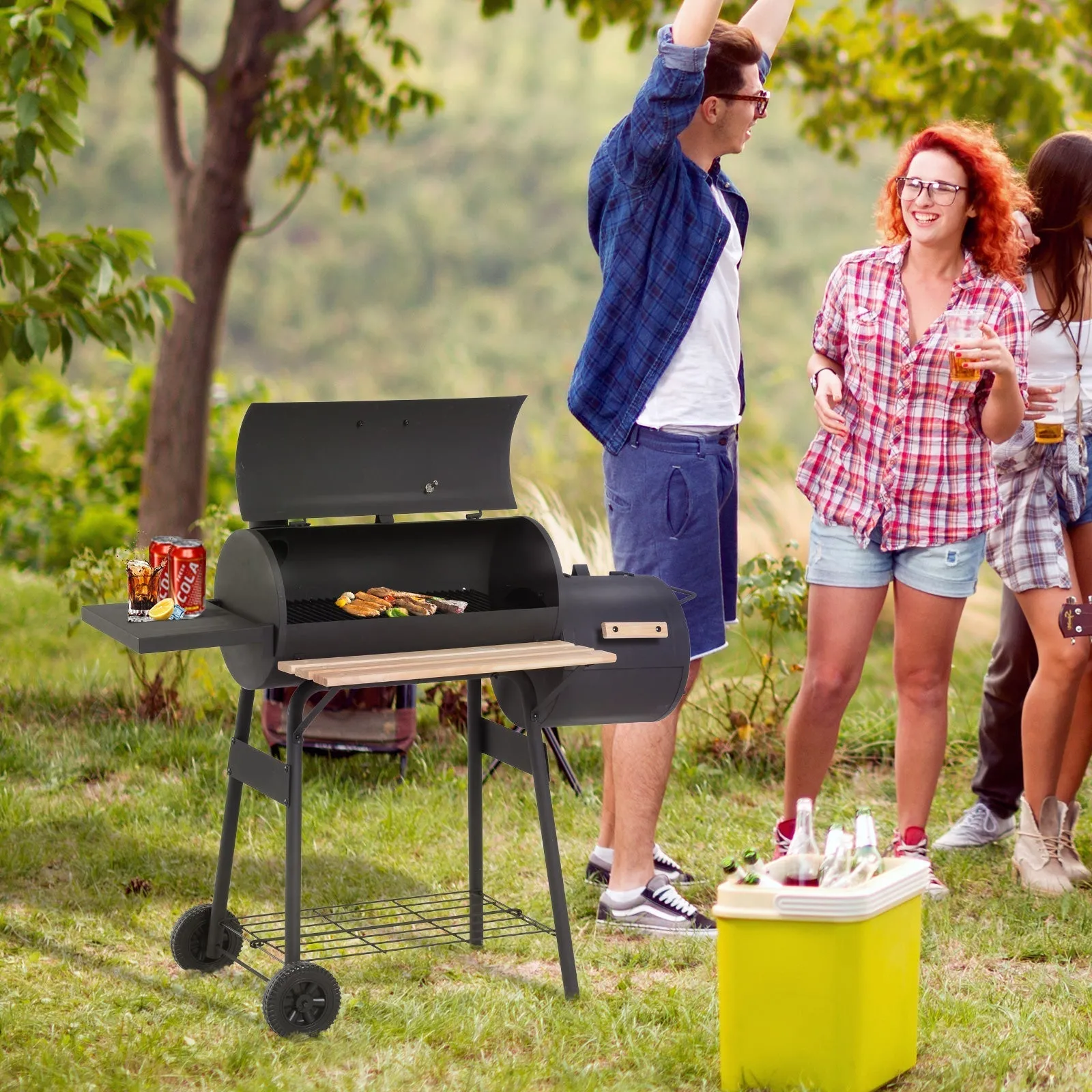 Charcoal Barbecue with Lid and Smoker, Garden BBQ with Shelves and Wheels 124x53x104 cm, Black - Image 2