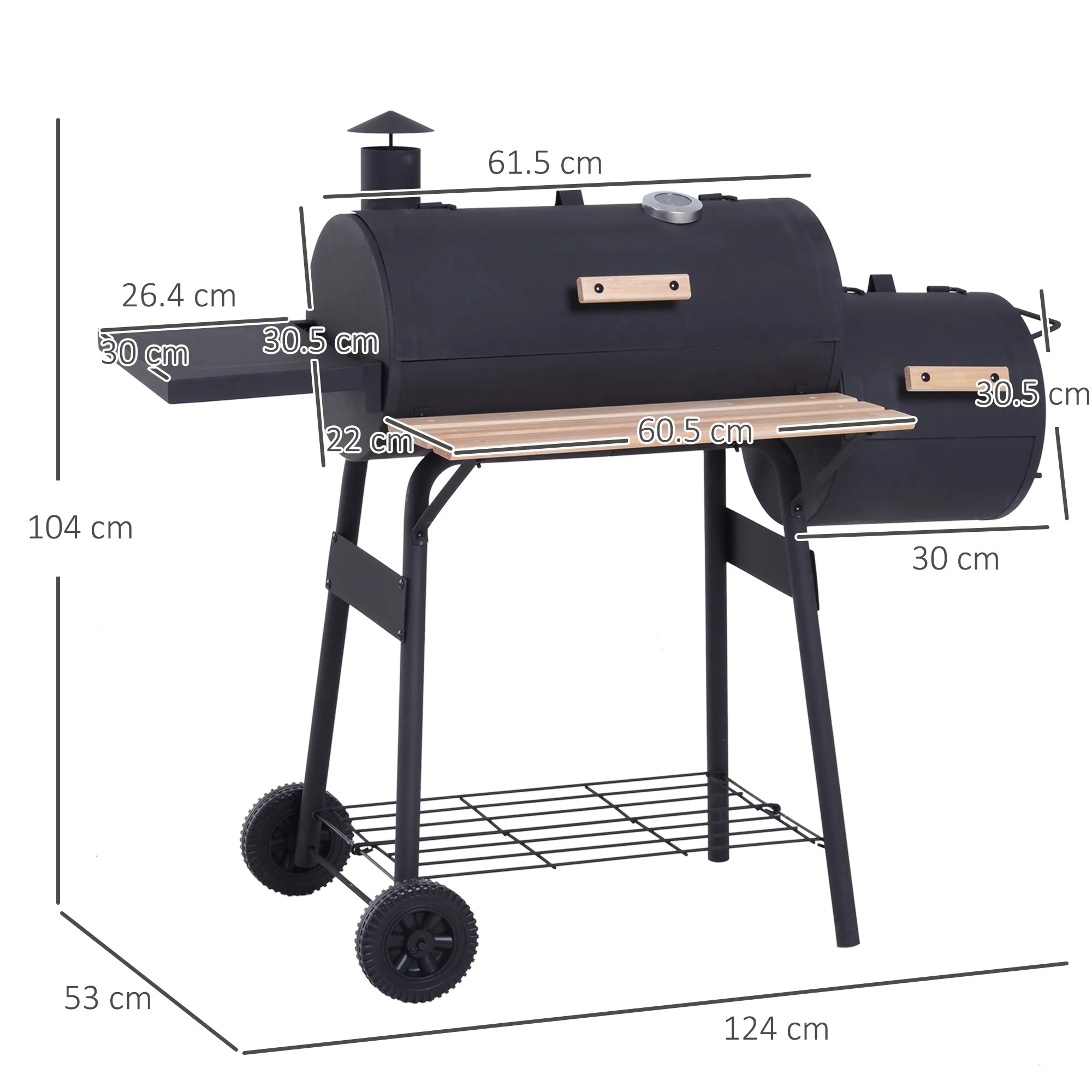 Charcoal Barbecue with Lid and Smoker, Garden BBQ with Shelves and Wheels 124x53x104 cm, Black - Image 3