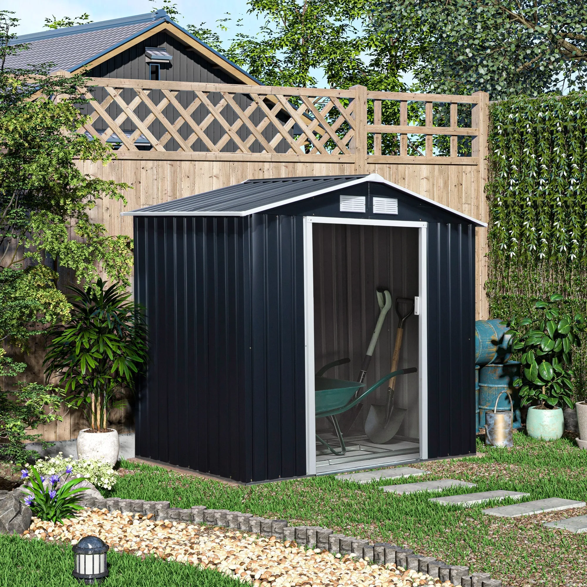 Garden Shed Tool Shed in Sheet Metal with Sliding Doors, 213x130x185cm, Dark Grey - Image 3