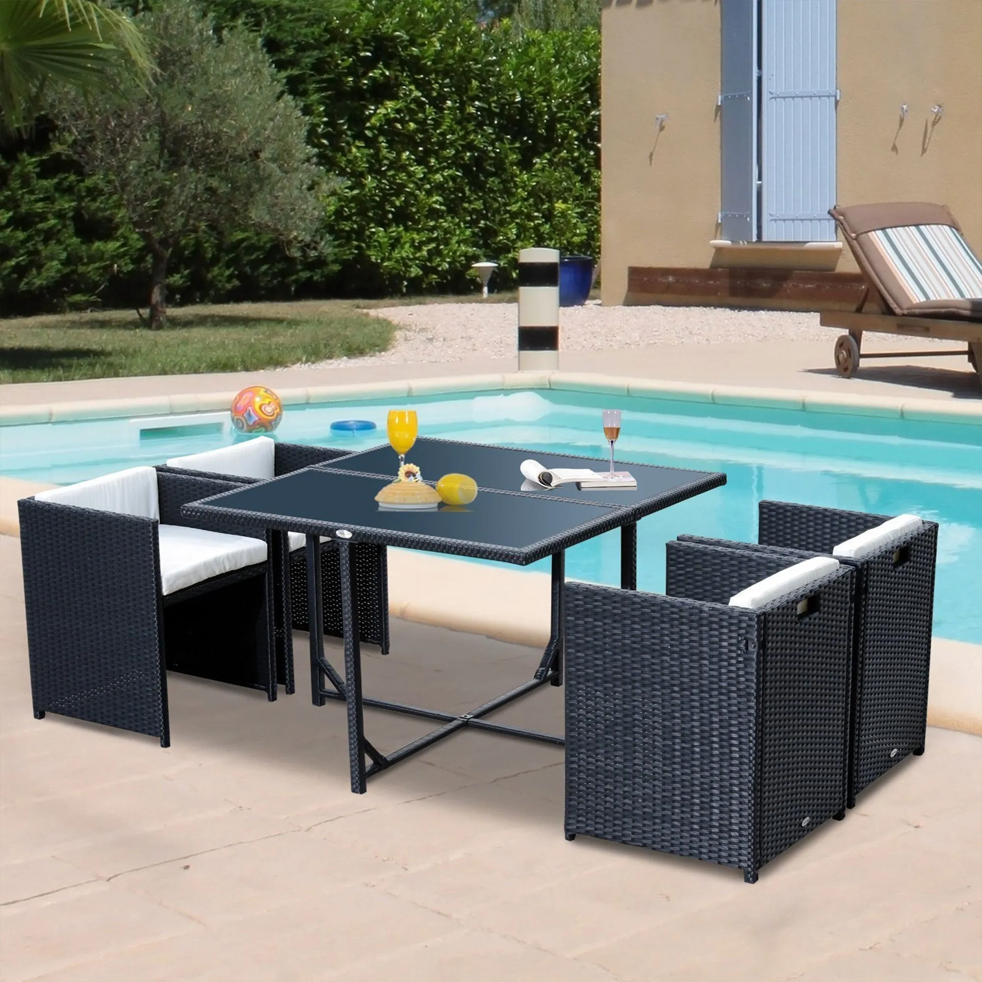 5-Piece Garden Furniture Set, Rectangle Dining Table and 4 Chairs with Matching Cushions, Black, 109x109x72 cm - Image 2