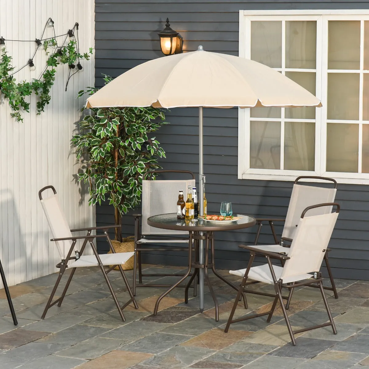 6-Piece Steel Pipe Garden Furniture Set, Garden Table with Chairs and Umbrella, Cream - Image 2