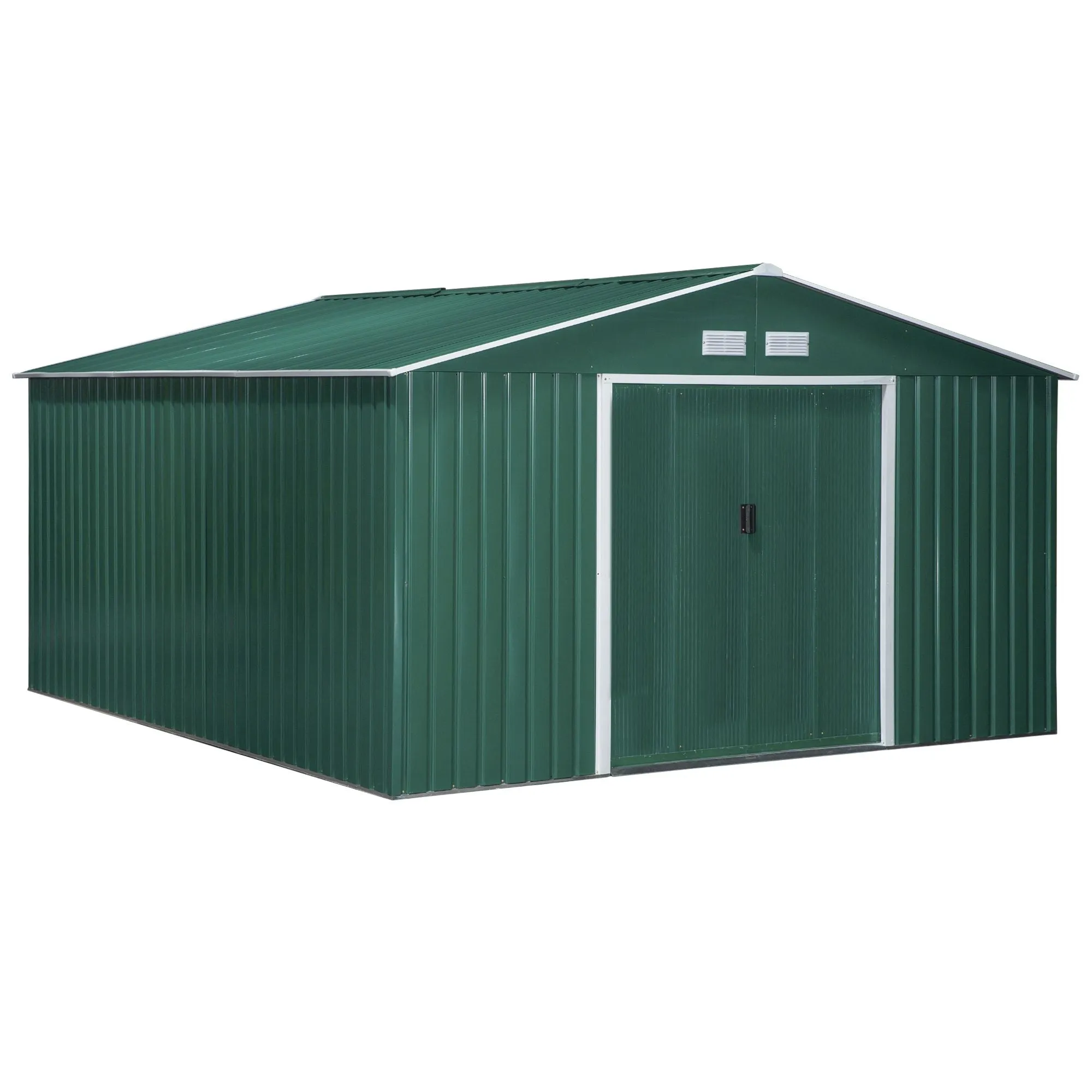 Garden Shed with 2 Sliding Doors and 4 Air Vents in Steel, 340x386x200cm, Green - Image 2