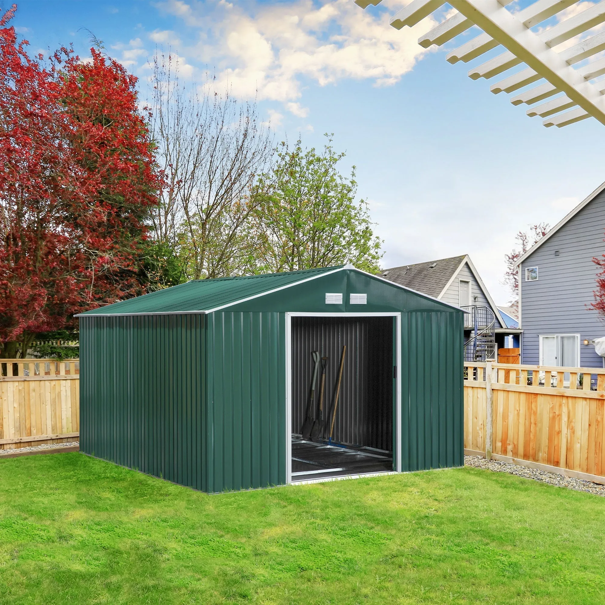 Garden Shed with 2 Sliding Doors and 4 Air Vents in Steel, 340x386x200cm, Green - Image 3