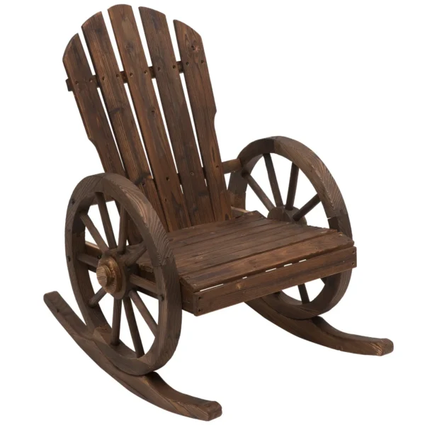 Adirondack Rocking Chair, Rustic Design with 2 Wheels, Burnt Spruce Wood, 88x68x92cm