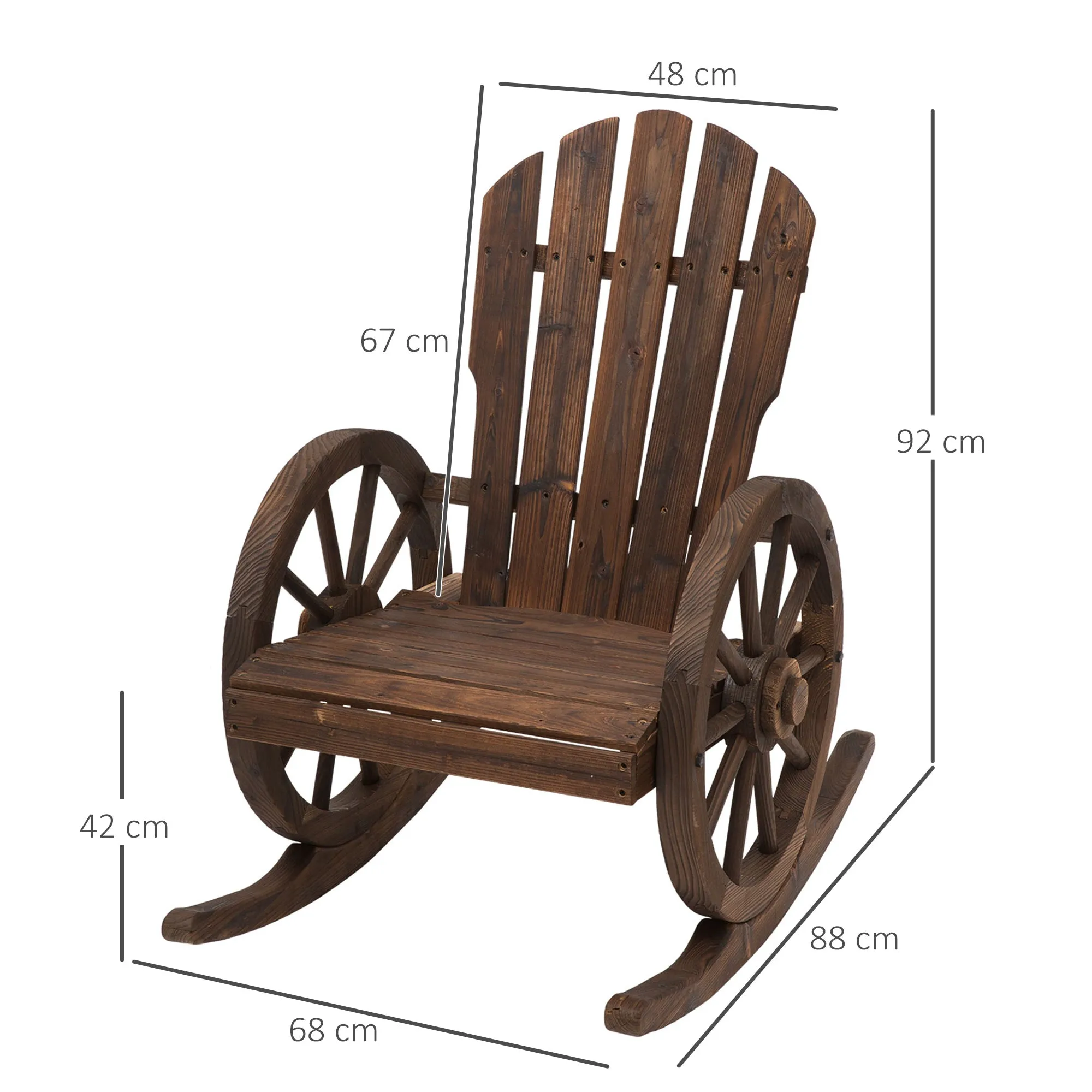 Adirondack Rocking Chair, Rustic Design with 2 Wheels, Burnt Spruce Wood, 88x68x92cm - Image 3