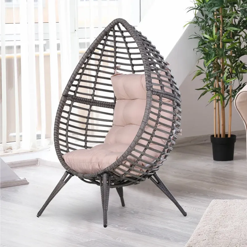 DROPPA | Boho Teardrop Rattan Outdoor Lounge Chair with Cushion, 101x89x156cm Grey and Beige - Image 2