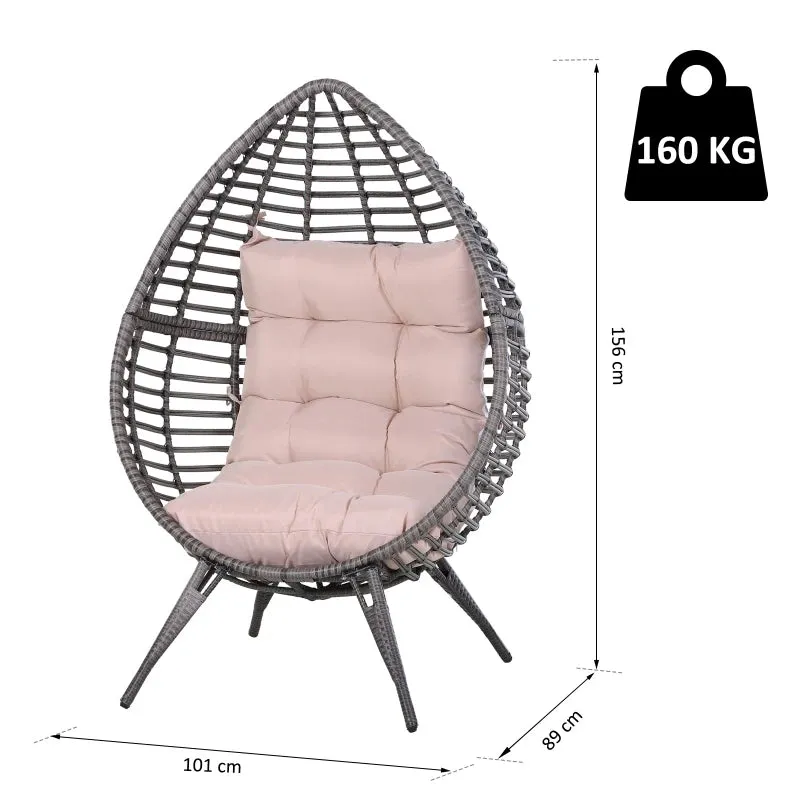 DROPPA | Boho Teardrop Rattan Outdoor Lounge Chair with Cushion, 101x89x156cm Grey and Beige - Image 3